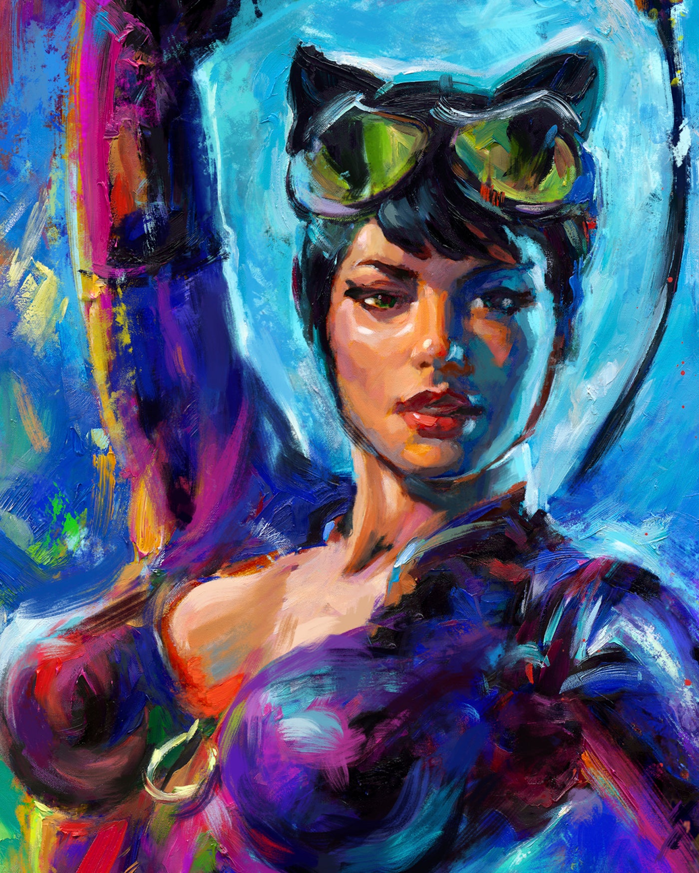 
                  
                    Oil on canvas original painting of Catwoman, DC Comics Selina Kyle, surrounded by the blue color of Gotham's night sky, she stalks her prey holding her whip and crouching on top of a building with her cat Isis nearby in colorful brushstrokes, color expressionism style detailed close up.
                  
                