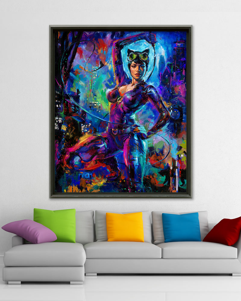 Oil on canvas original painting of Catwoman, DC Comics Selina Kyle, surrounded by the blue color of Gotham's night sky, she stalks her prey holding her whip and crouching on top of a building with her cat Isis nearby in colorful brushstrokes, color expressionism style in a room setting.