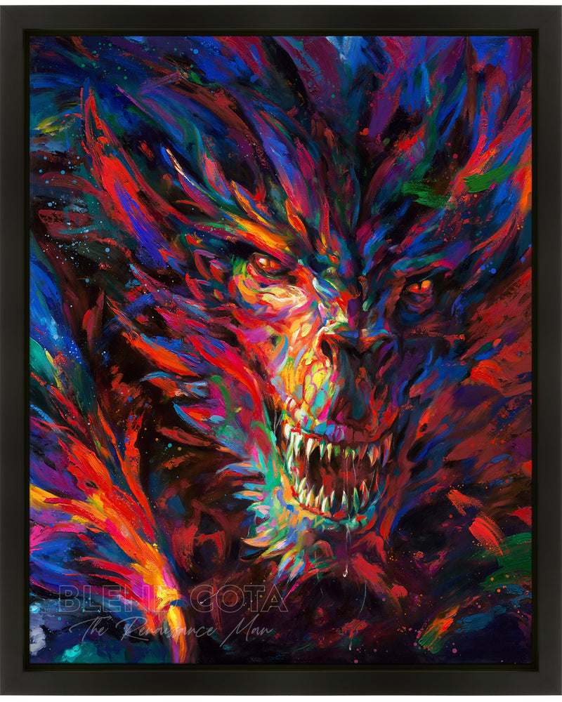 Framed Original oil painting on canvas of the dragon of war, legendary mythical being engulfed in red and blue flame, emerging from darkness with colorful brushstrokes in an expressionistic style.