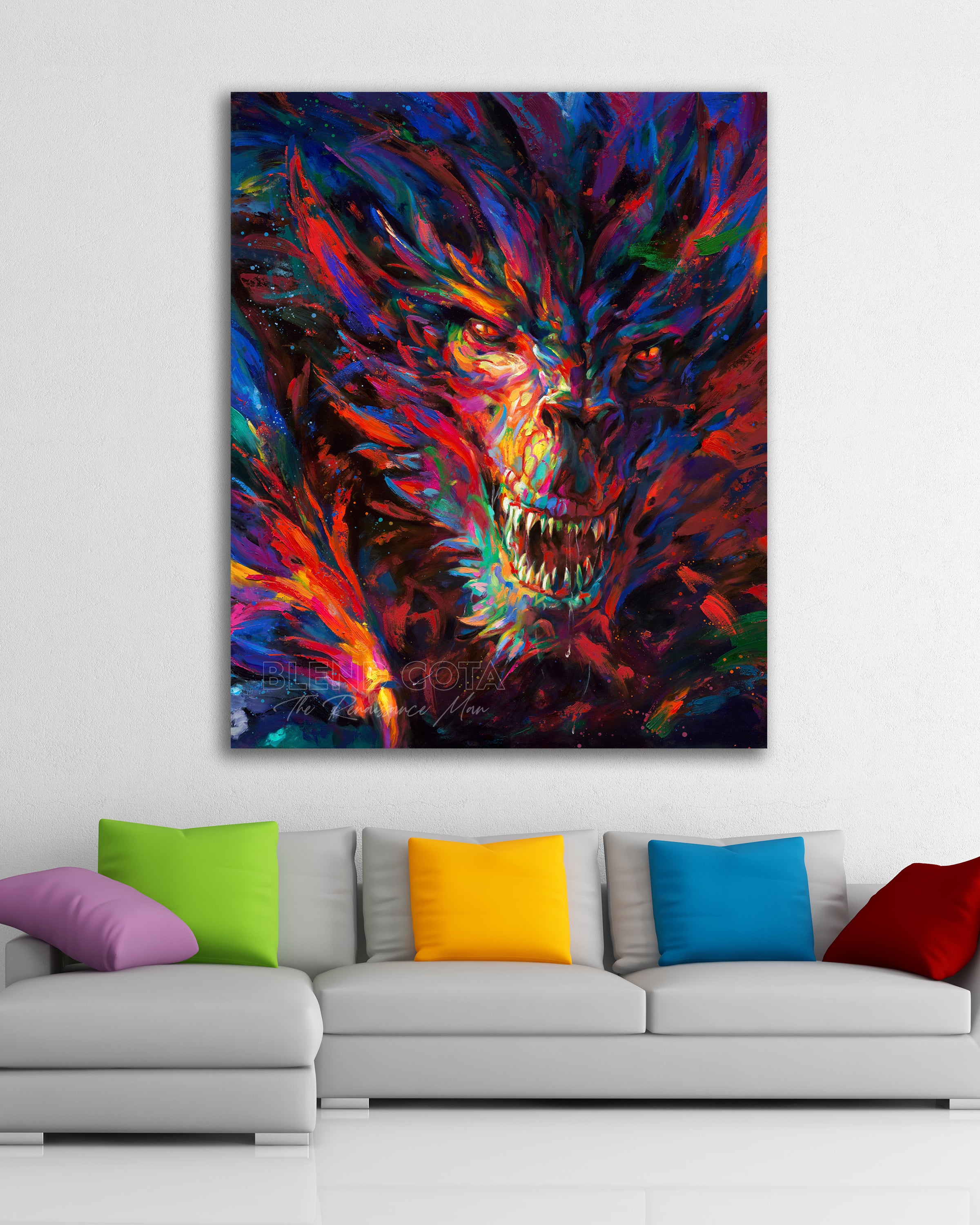 Original oil painting on canvas of the dragon of war, legendary mythical being engulfed in red and blue flame, emerging from darkness with colorful brushstrokes in an expressionistic style in a room setting.