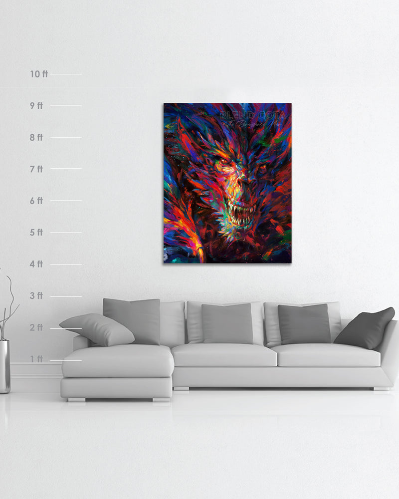 
                  
                    Original oil painting on canvas of the dragon of war, legendary mythical being engulfed in red and blue flame, emerging from darkness with colorful brushstrokes in an expressionistic style in a room setting with scale dimensions
                  
                