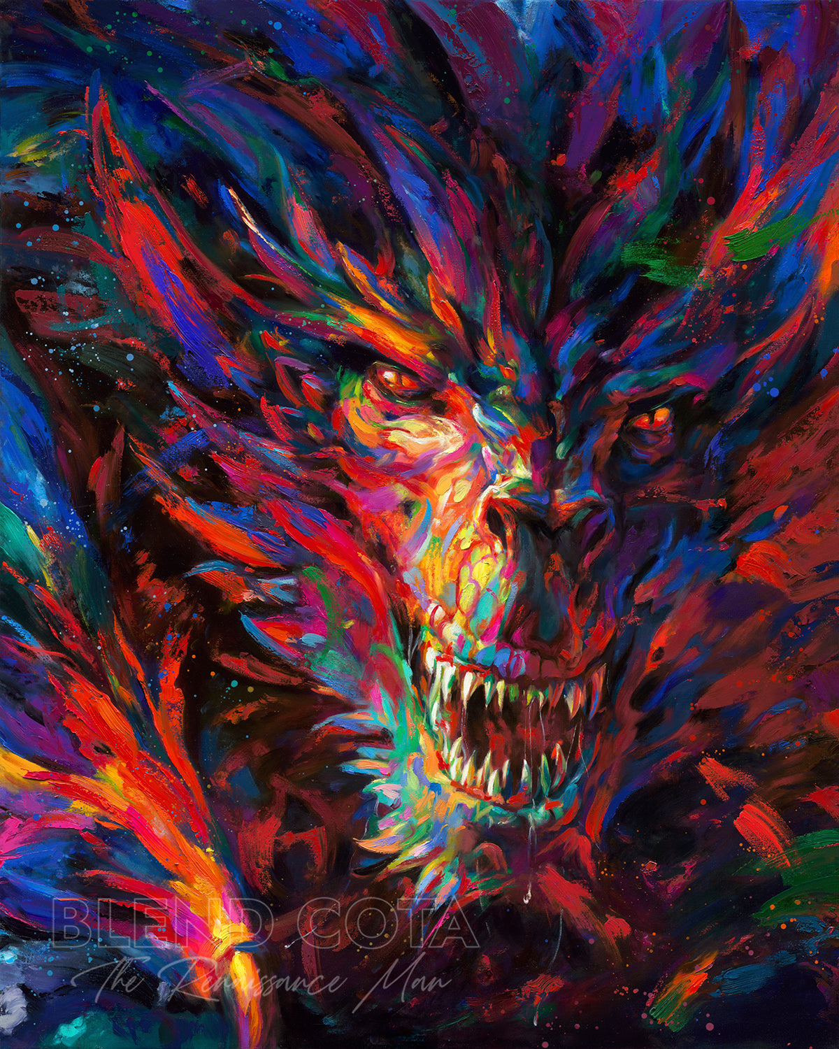 Gallery wrapped art print on canvas of the dragon of war, legendary mythical being engulfed in red and blue flame, emerging from darkness with colorful brushstrokes in an expressionistic style.