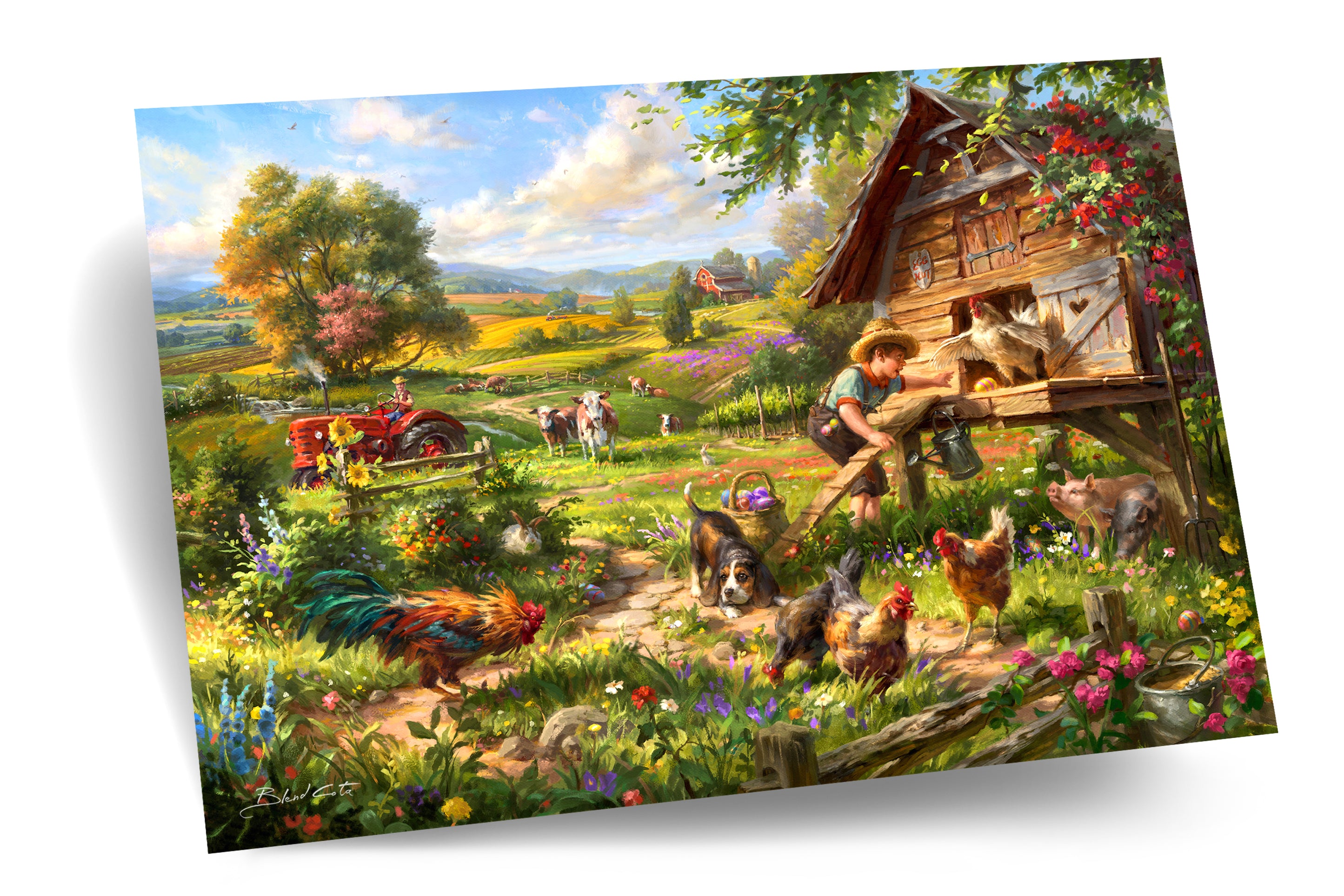 A boy searching for eggs in the Easter hunt, with his dog by his side, the farmyard is filled with animals and color, painting in a realistic Americana style.