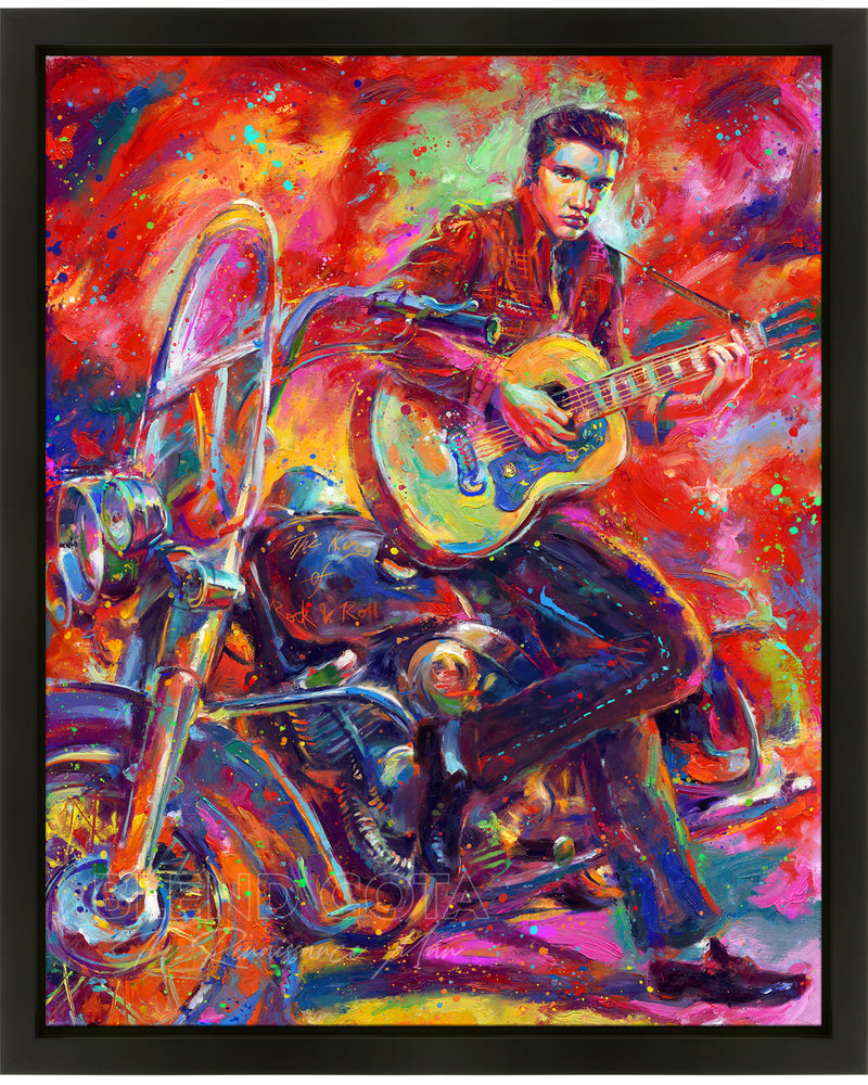 Oil on canvas original painting of the King of Rock 'n' Roll, Elvis, beside his Harley motorcycle in American nostalgic jeans and 1950s hair, playing his acoustic guitar in colorful brushstrokes, color expressionism style.