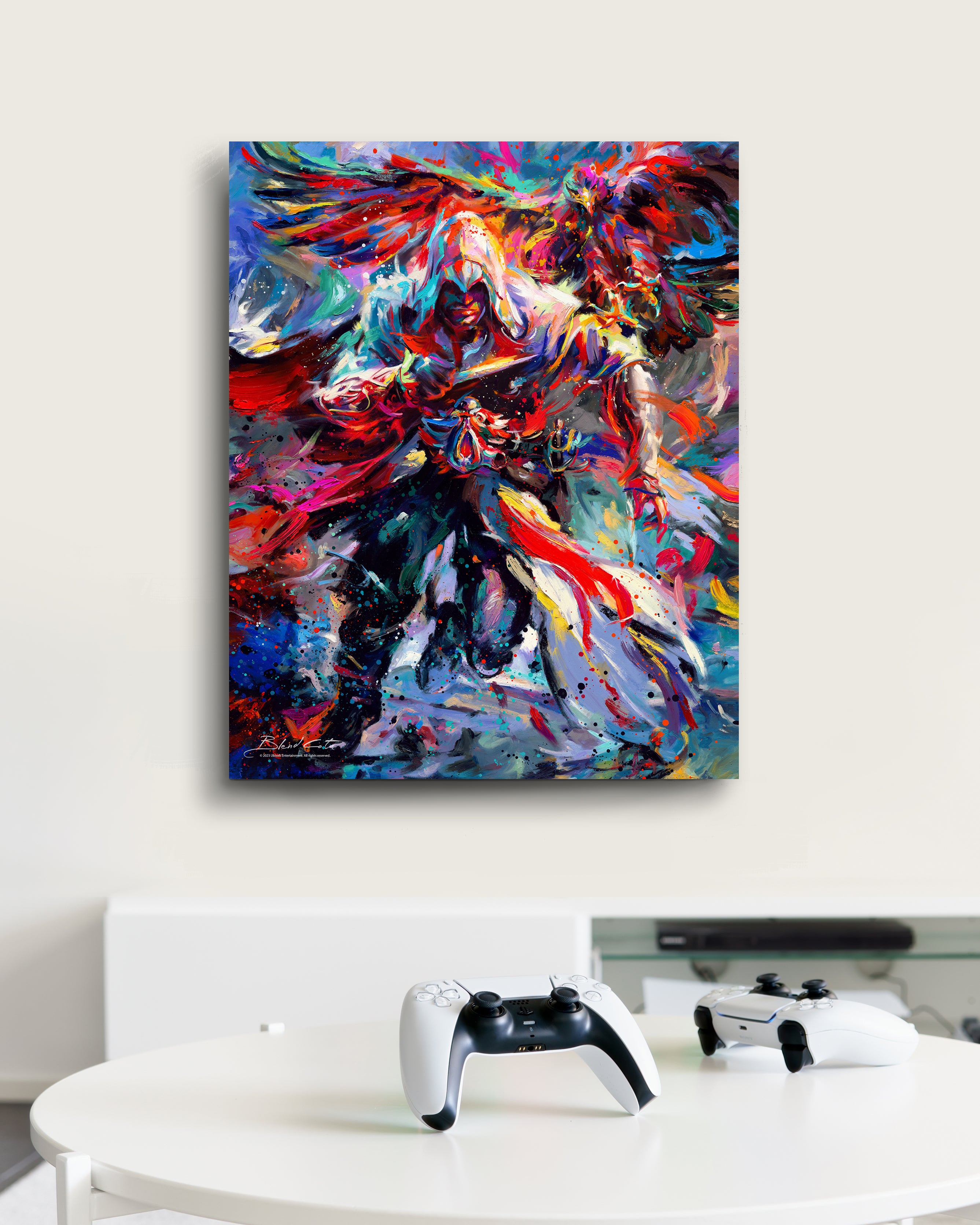 Limited edition artwork on canvas of Assassin's Creed Ezio Auditore and Eagle bursting forth with energy and painted with colorful brushstrokes in an expressionistic style in a room setting.