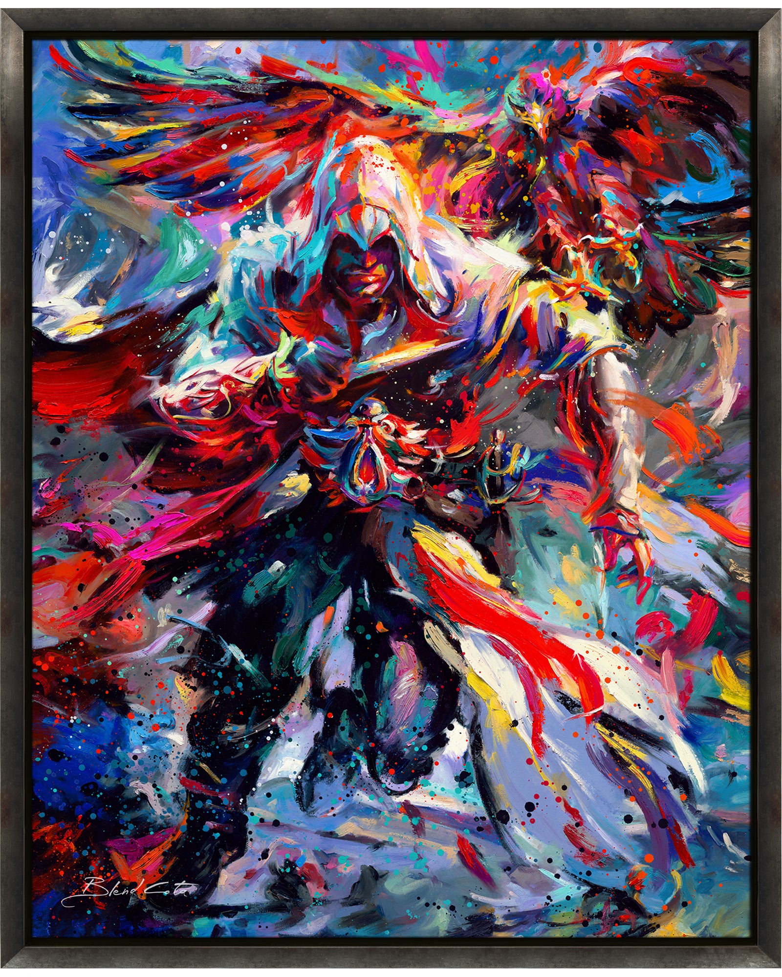Oil on canvas original painting of Assassin's Creed Ezio Auditore and Eagle bursting forth with energy and painted with colorful brushstrokes in an expressionistic style.