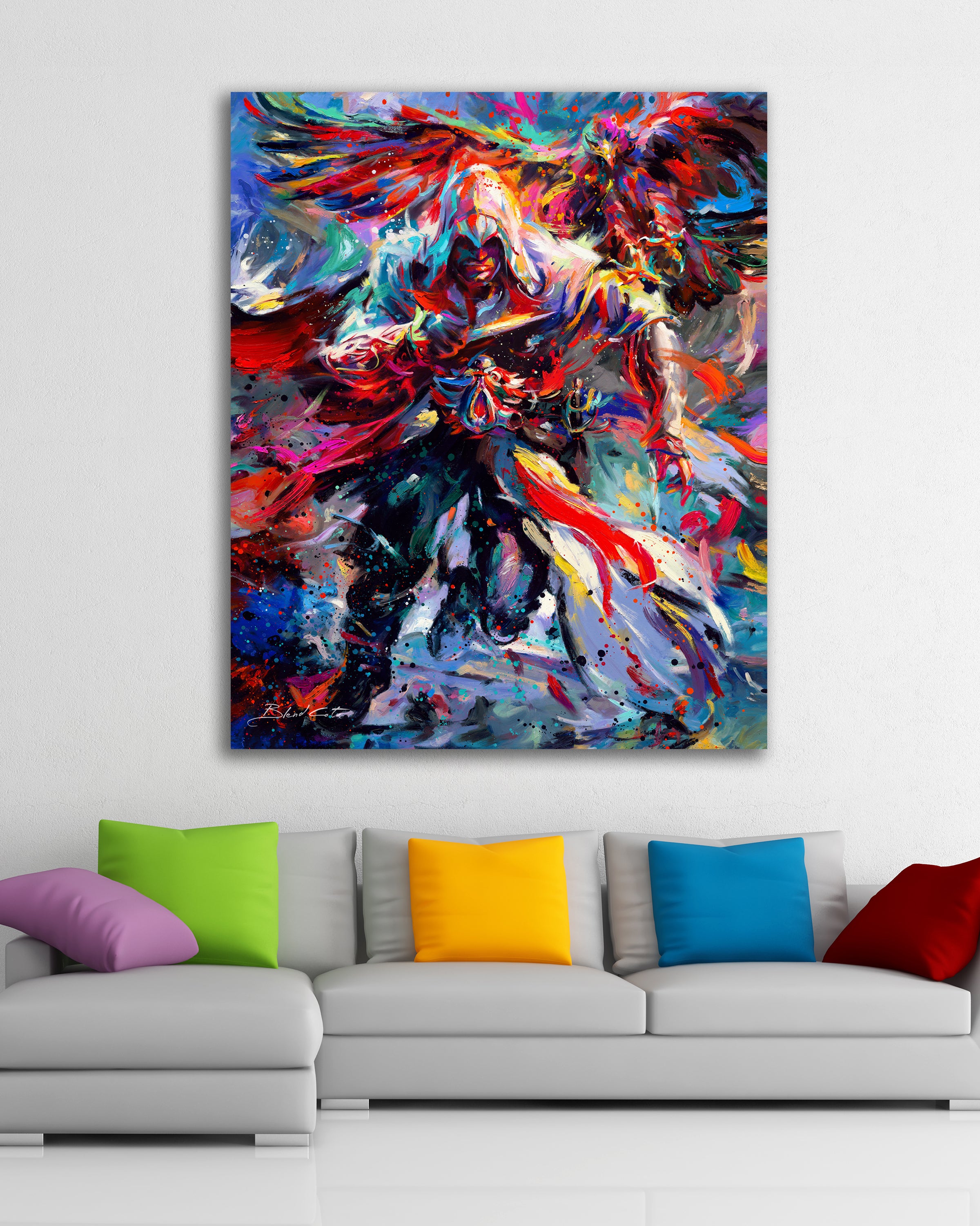 Oil on canvas original painting of Assassin's Creed Ezio Auditore and Eagle bursting forth with energy and painted with colorful brushstrokes in an expressionistic style in a room setting.