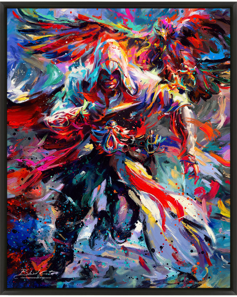 Limited edition artwork on canvas of Assassin's Creed Ezio Auditore and Eagle bursting forth with energy and painted with colorful brushstrokes in an expressionistic style.