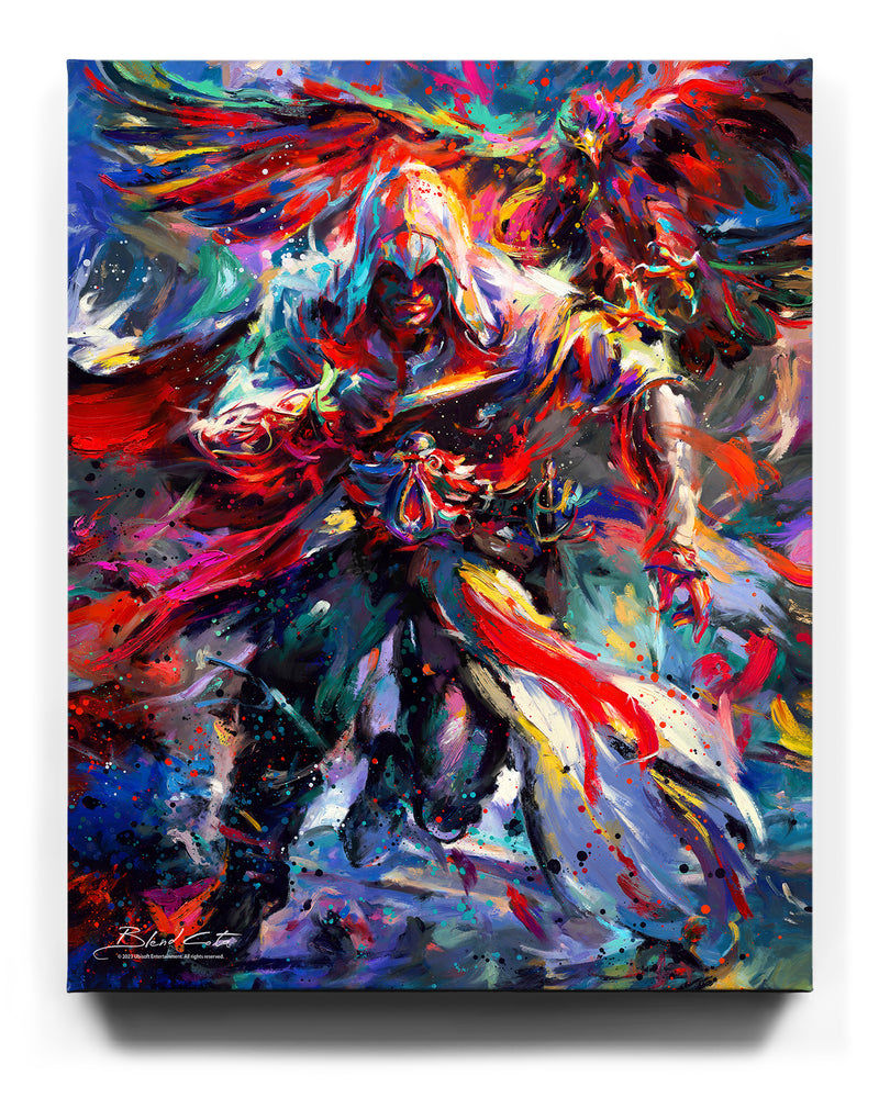 
                  
                    Limited edition artwork on canvas of Assassin's Creed Ezio Auditore and Eagle bursting forth with energy and painted with colorful brushstrokes in an expressionistic style.
                  
                
