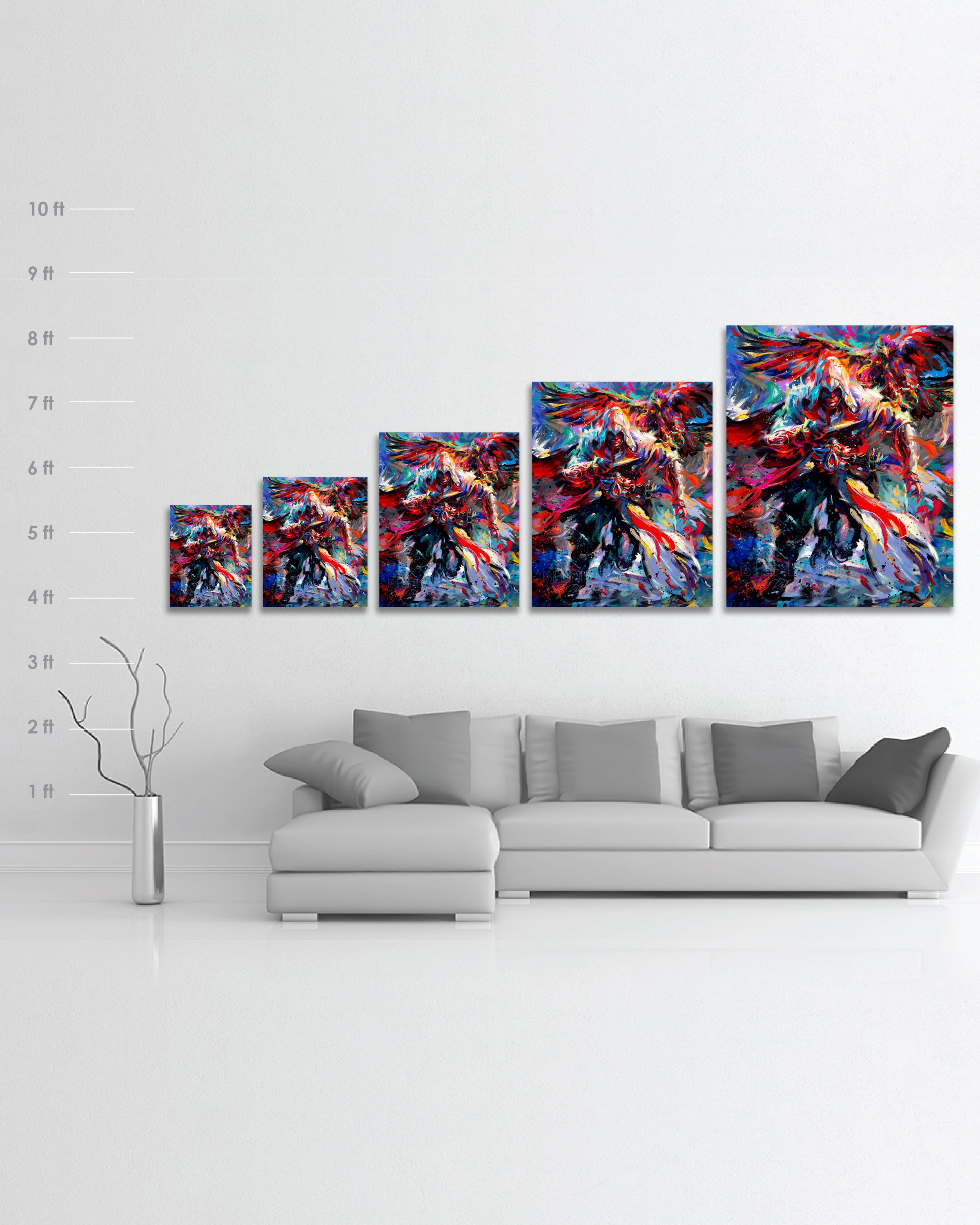 
                  
                    Limited Edition glossy metal print of Assassin's Creed Ezio Auditore and Eagle bursting forth with energy and painted with colorful brushstrokes in an expressionistic style with scale dimensions.
                  
                