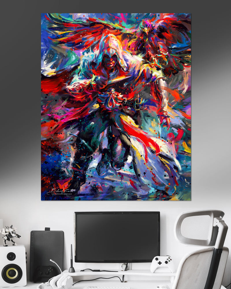 Large format art print on paper cardstock of Assassin's Creed Ezio Auditore and Eagle, bursting with colorful brushstrokes in an expressionist style.