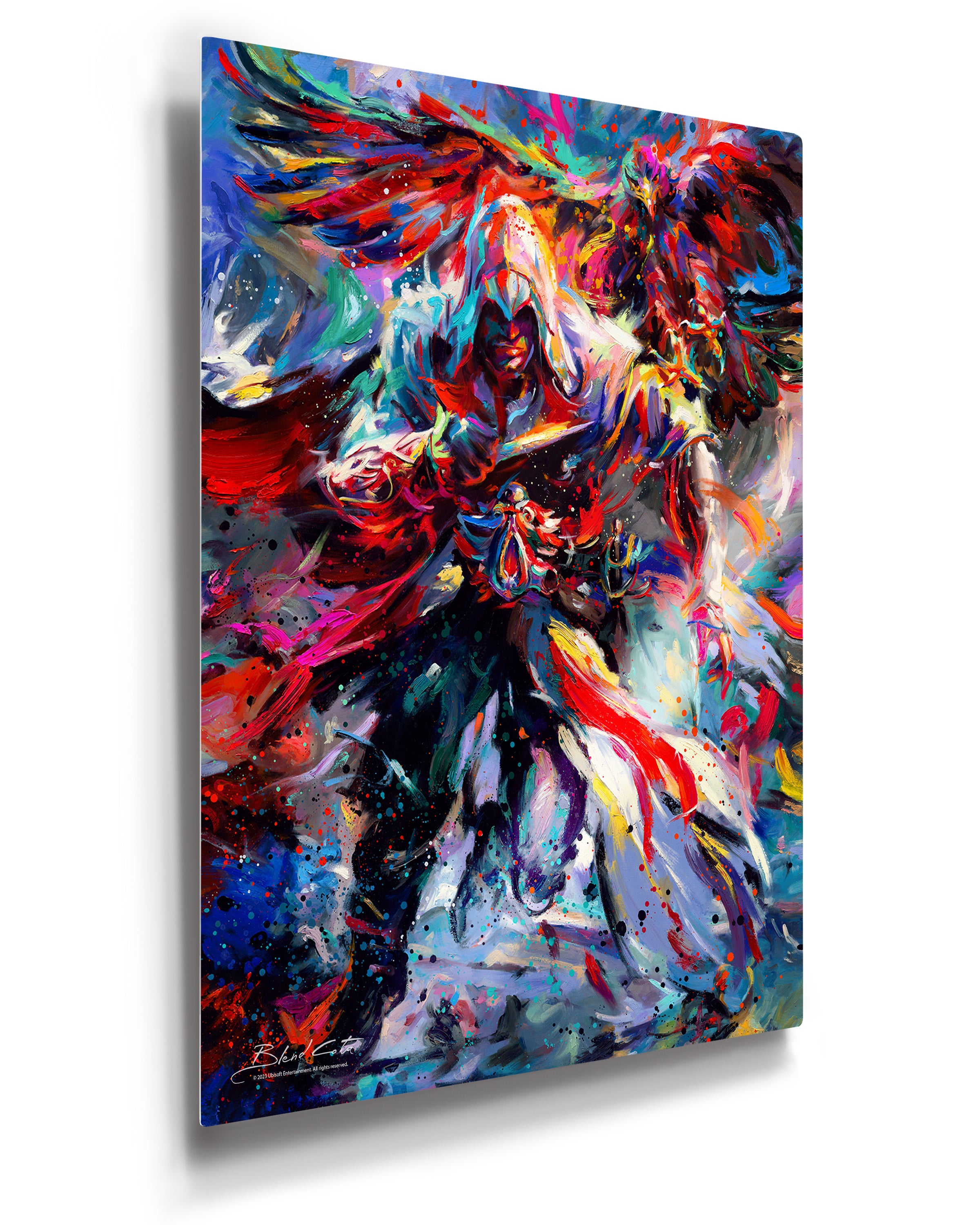 Limited Edition glossy metal print of Assassin's Creed Ezio Auditore and Eagle bursting forth with energy and painted with colorful brushstrokes in an expressionistic style.