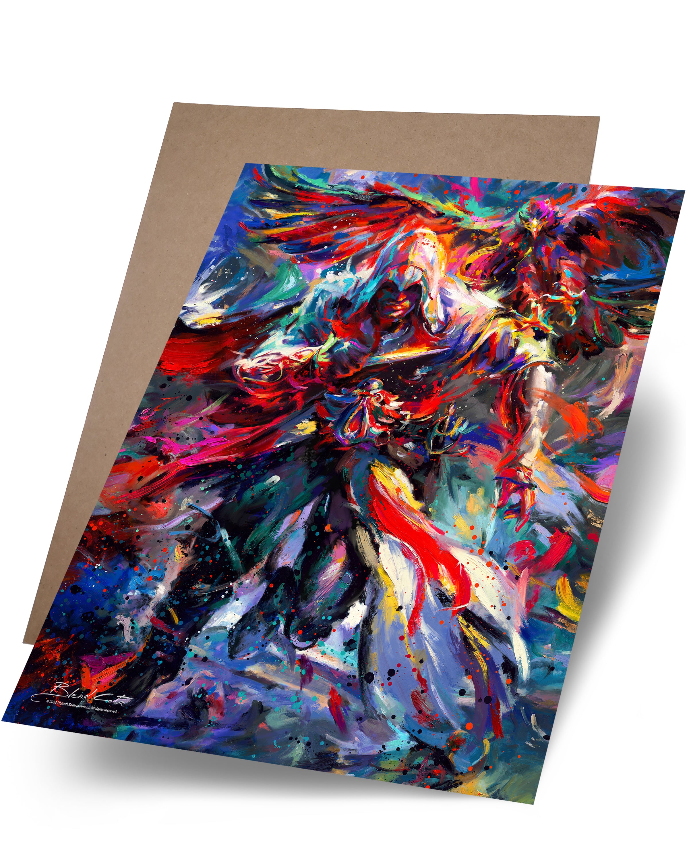 Art print on paper cardstock of Assassin's Creed Ezio Auditore and Eagle, bursting with colorful brushstrokes in an expressionist style.