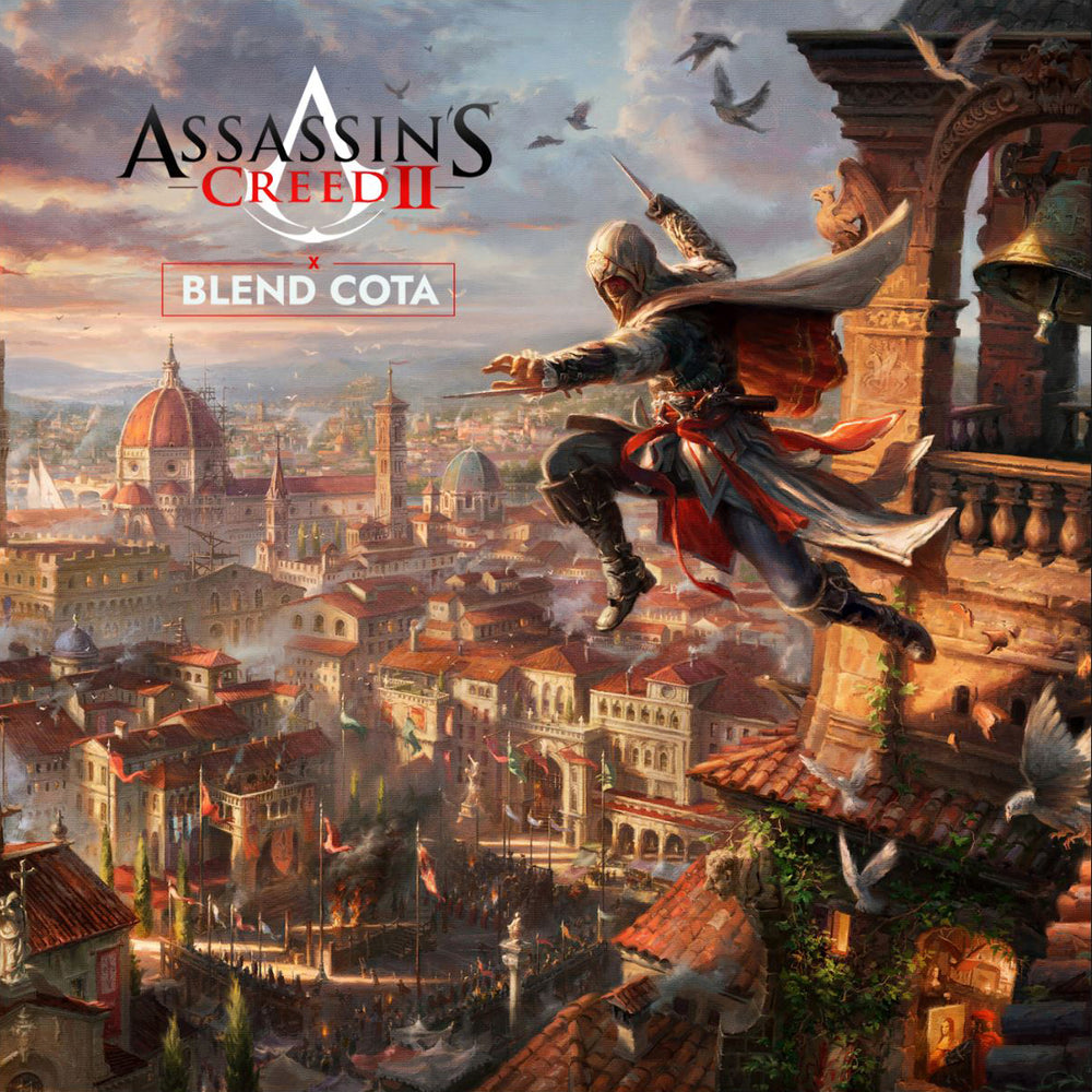 Gallery wrapped art print on canvas of Assassin's Creed Florence and Ezio Auditore meticulously designed and painted with intricate details in a realistic style.