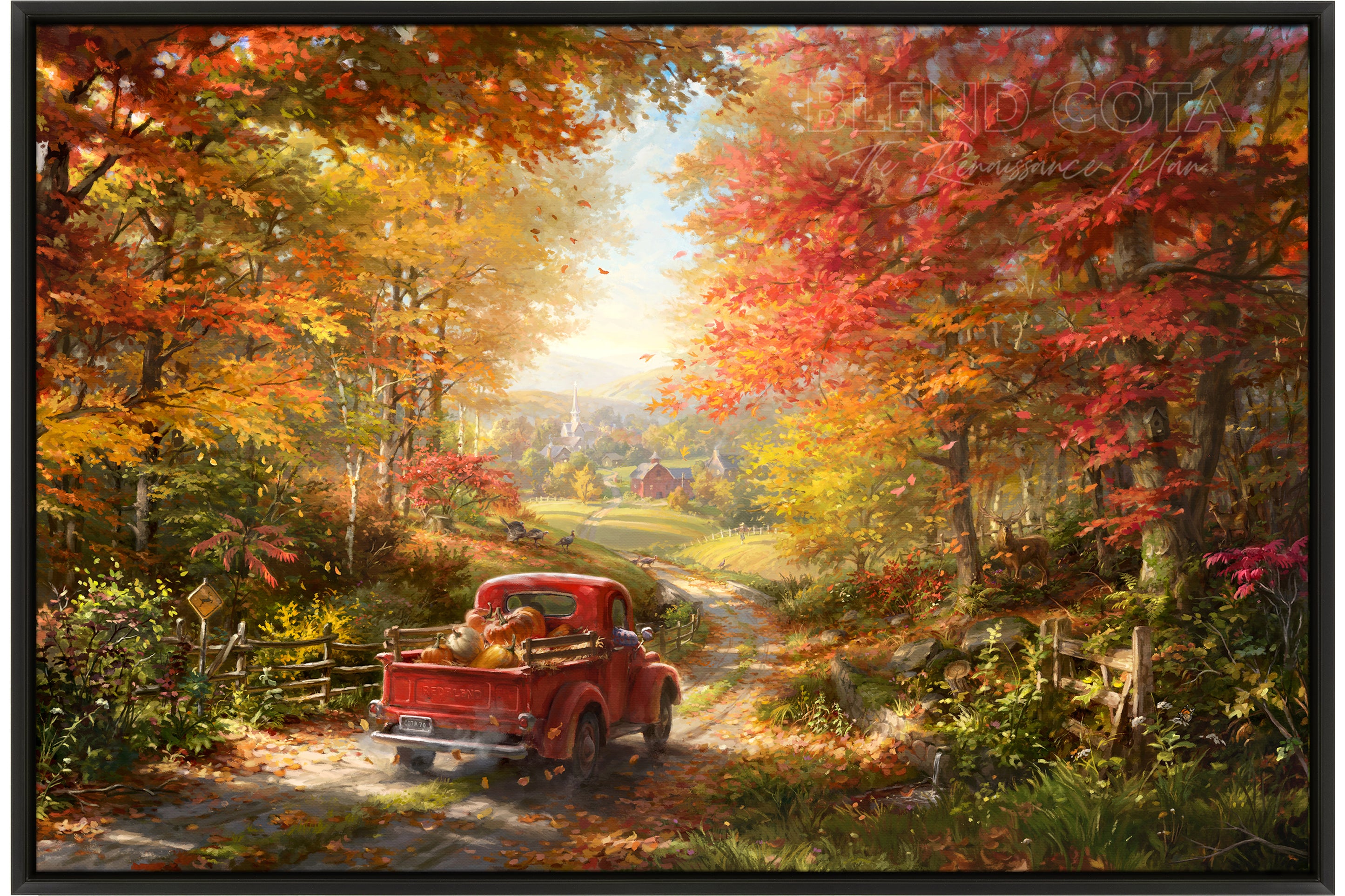 original oil painting of a fall road with red truck carrying pumpkins to farm in the country with red and orange leaves falling. 