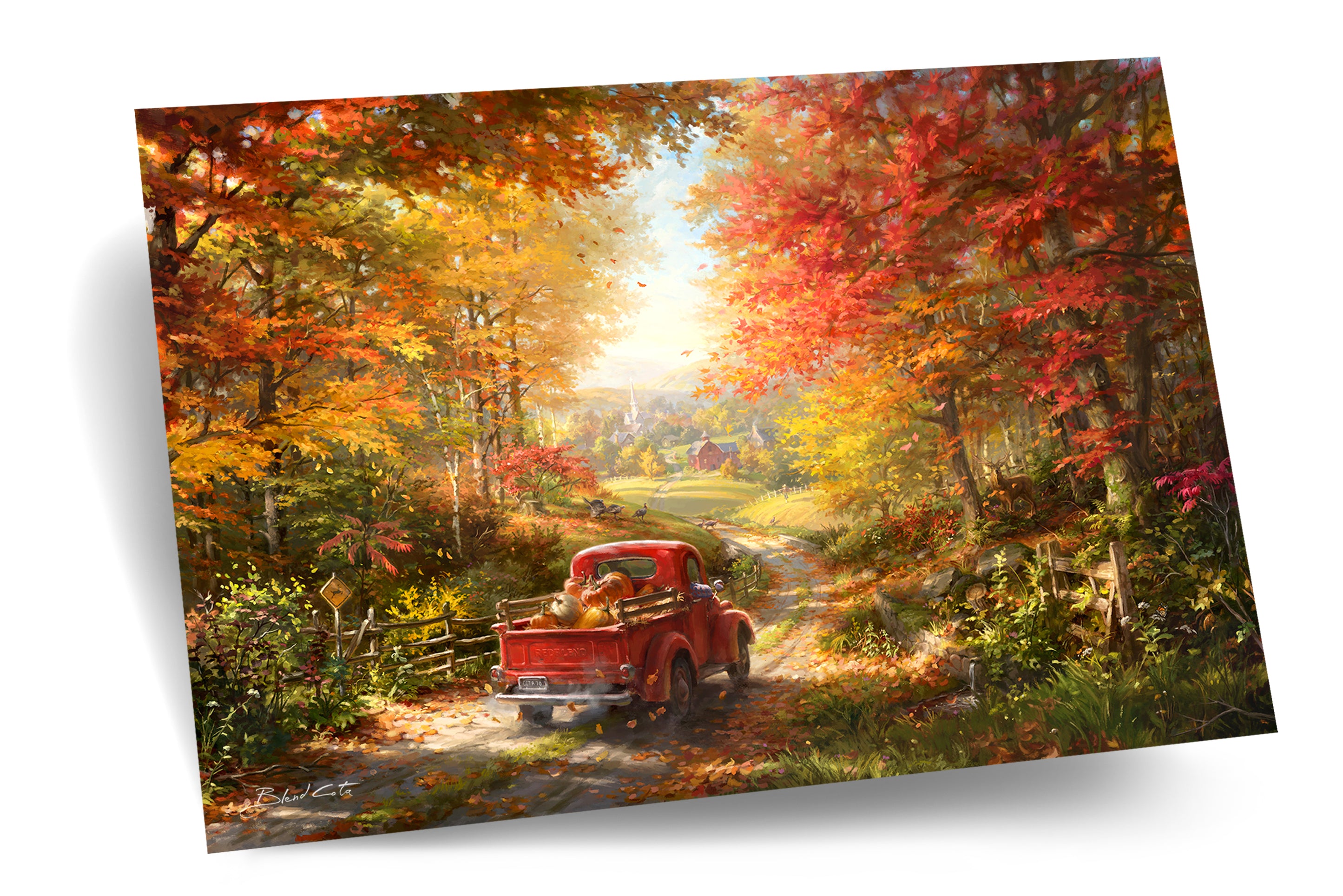 Painting of a red truck travelling down country road in the fall, in a realistic style.