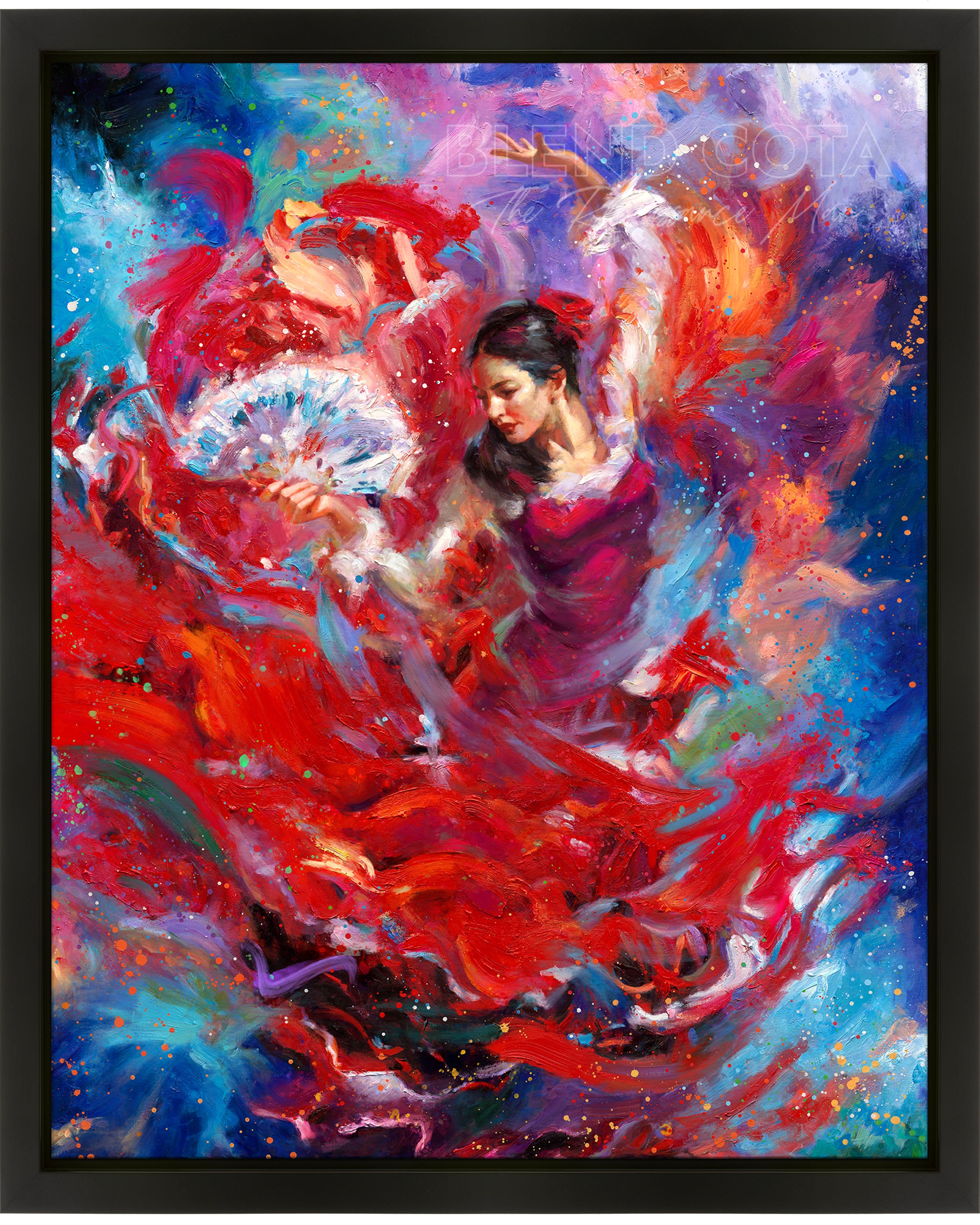 
                  
                    Oil on canvas original painting of the Flamenco Dancer, wreathed in blue and twisting in a flowing red dress, in Spanish style and dancing in time with the beautiful and dramatic music, in colorful brushstrokes, color expressionism style.
                  
                