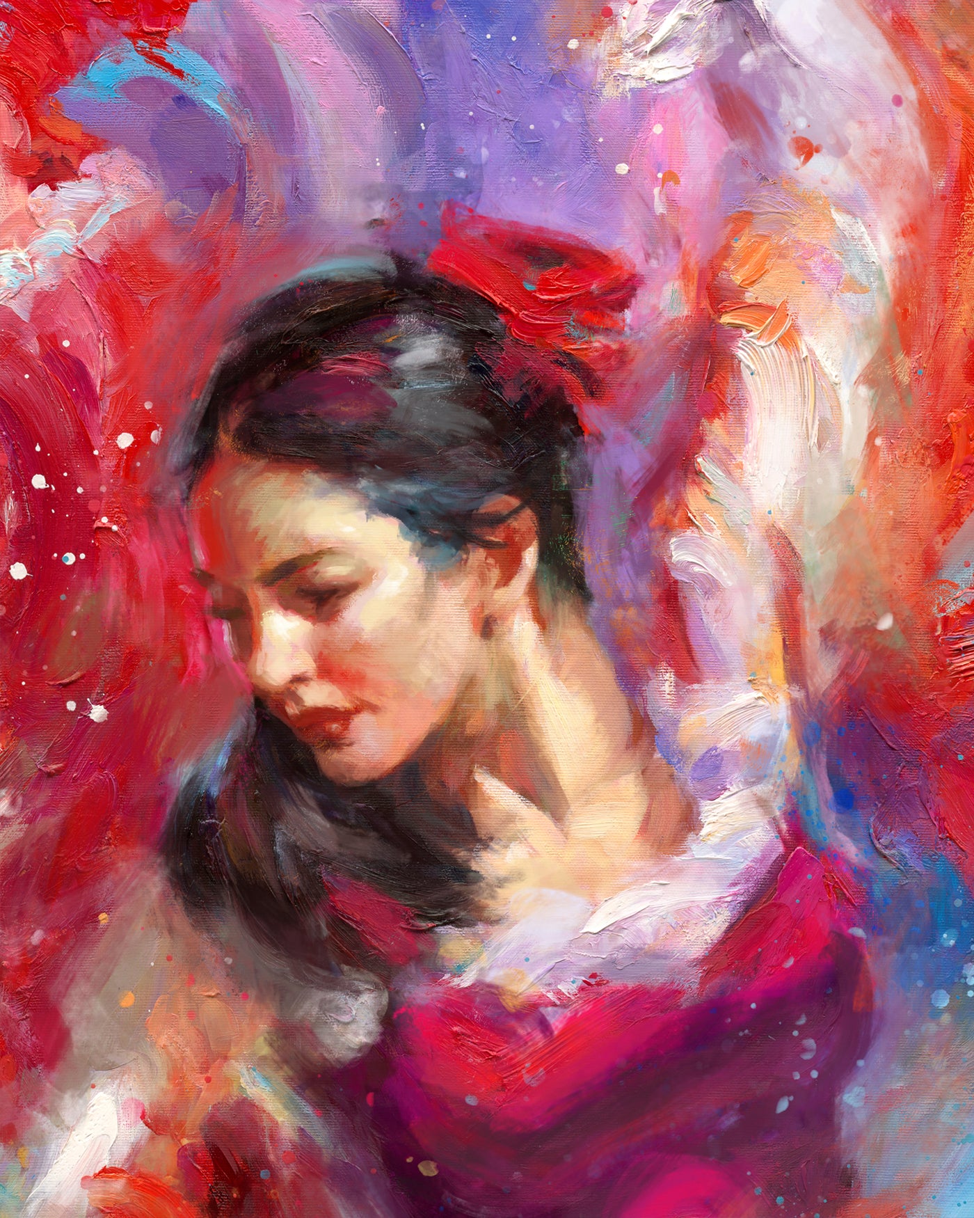 
                  
                    Oil on canvas original painting of the Flamenco Dancer, wreathed in blue and twisting in a flowing red dress, in Spanish style and dancing in time with the beautiful and dramatic music, in colorful brushstrokes, color expressionism style detailed close up.
                  
                