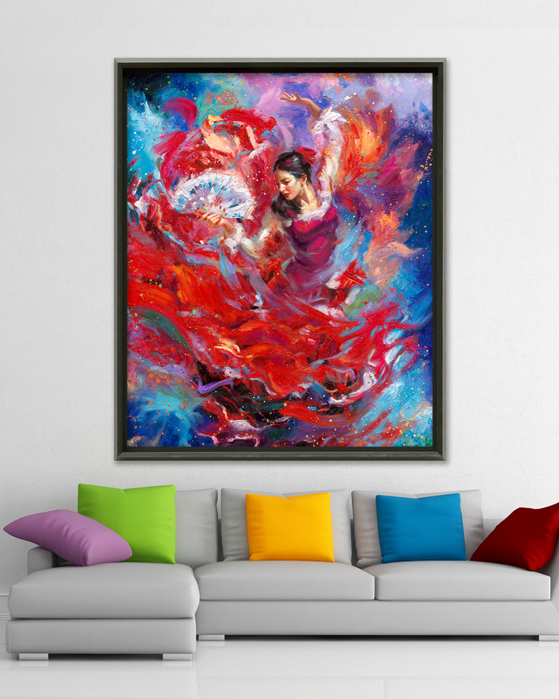 
                  
                    Oil on canvas original painting of the Flamenco Dancer, wreathed in blue and twisting in a flowing red dress, in Spanish style and dancing in time with the beautiful and dramatic music, in colorful brushstrokes, color expressionism style in a room setting.
                  
                