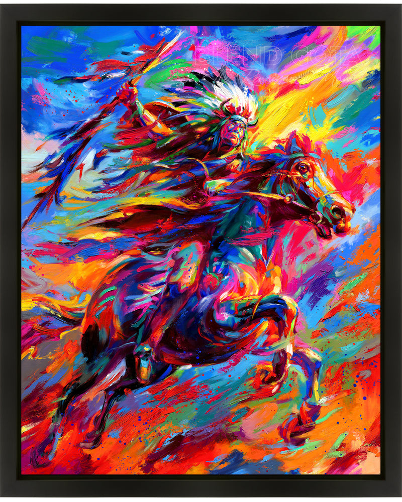Geronimo  Native American on Horseback an Original Oil Painting from Blend Cota Studios in a Black Frame