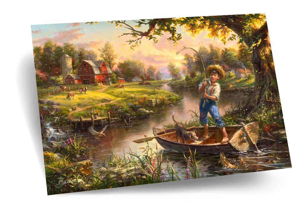 A boy and his dog going fishing on the river in the country farm in a realistic Americana style.