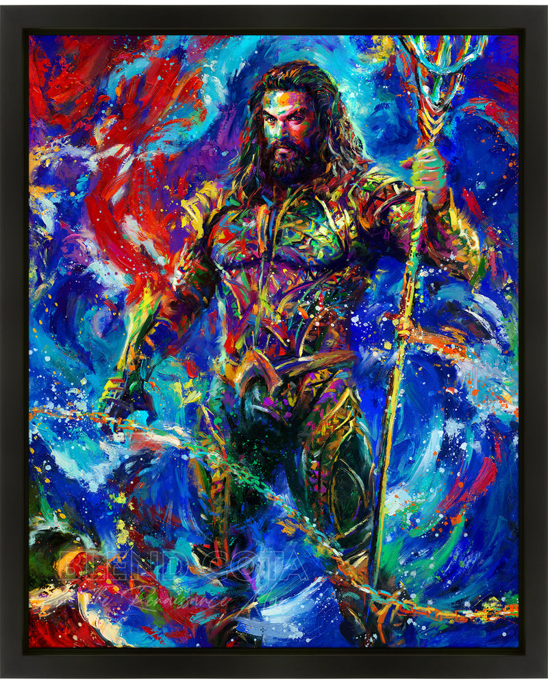 Oil on canvas original painting of Jason Momoa as Aquaman, DC Comics Arthur Curry, surrounded by the cool blue and purple colors of the ocean standing with pride holding his trident in colorful brushstrokes, color expressionism style.
