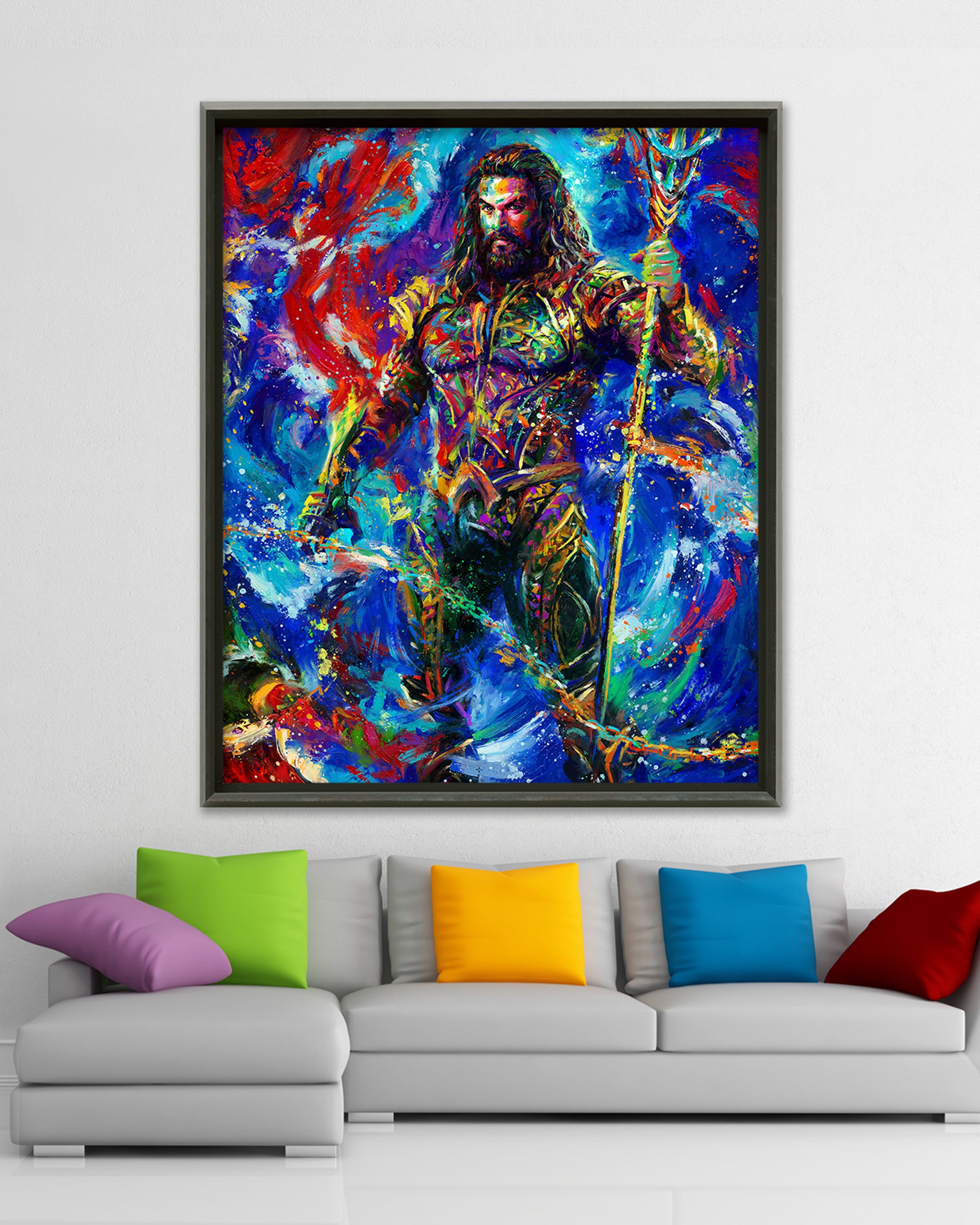 Oil on canvas original painting of Jason Momoa as Aquaman, DC Comics Arthur Curry, surrounded by the cool blue and purple colors of the ocean standing with pride holding his trident in colorful brushstrokes, color expressionism style in a room setting.