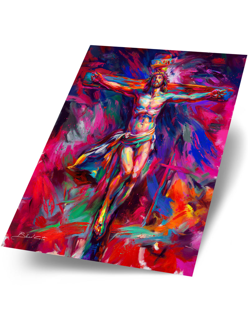 Painting of jesus crucified on the cross, sacrifice, a martyr and son of God in colorful brushstrokes.