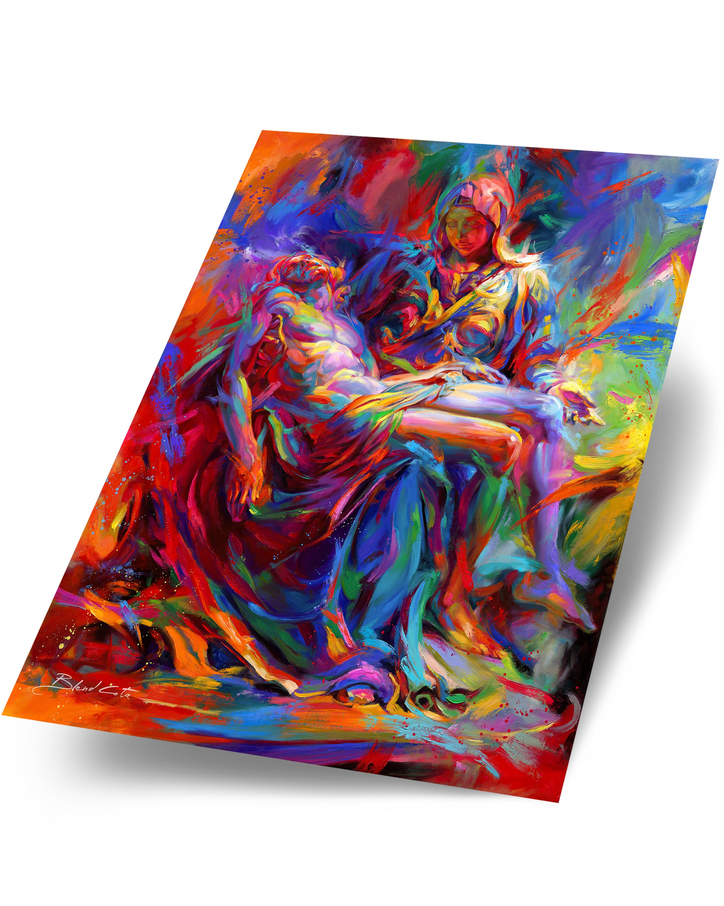 A painting depicting Jesus and his mother holding him, originally sculpted by Michelangelo, revisualized with bright colorful brushstrokes.