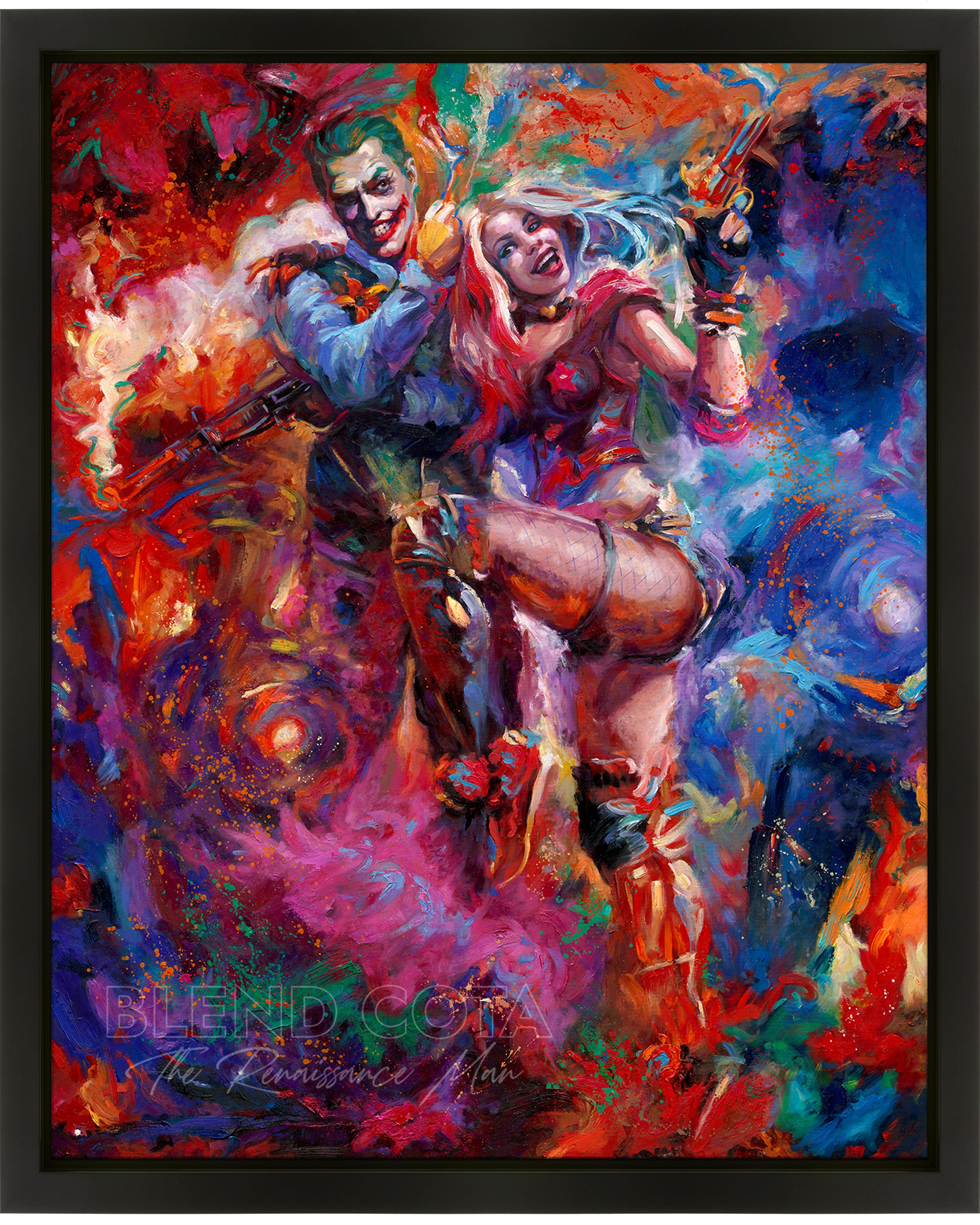 Oil on canvas original painting of the Joker and Harley Quinn, DC Comics, surrounded by fog and police lights, with the symbol of batman in the sky, they are standing and laughing maniacally in red and blue and pink colorful brushstrokes, color expressionism style.