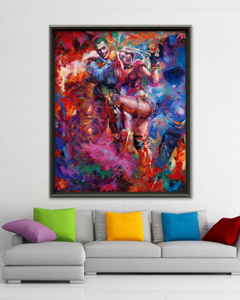 Oil on canvas original painting of the Joker and Harley Quinn, DC Comics, surrounded by fog and police lights, with the symbol of batman in the sky, they are standing and laughing maniacally in red and blue and pink colorful brushstrokes, color expressionism style in a room setting.