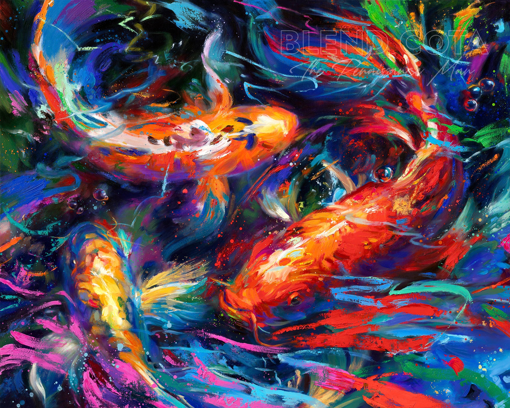 An oil painting by Blend Cota Studios depicting koi swimming through colorful brushstrokes