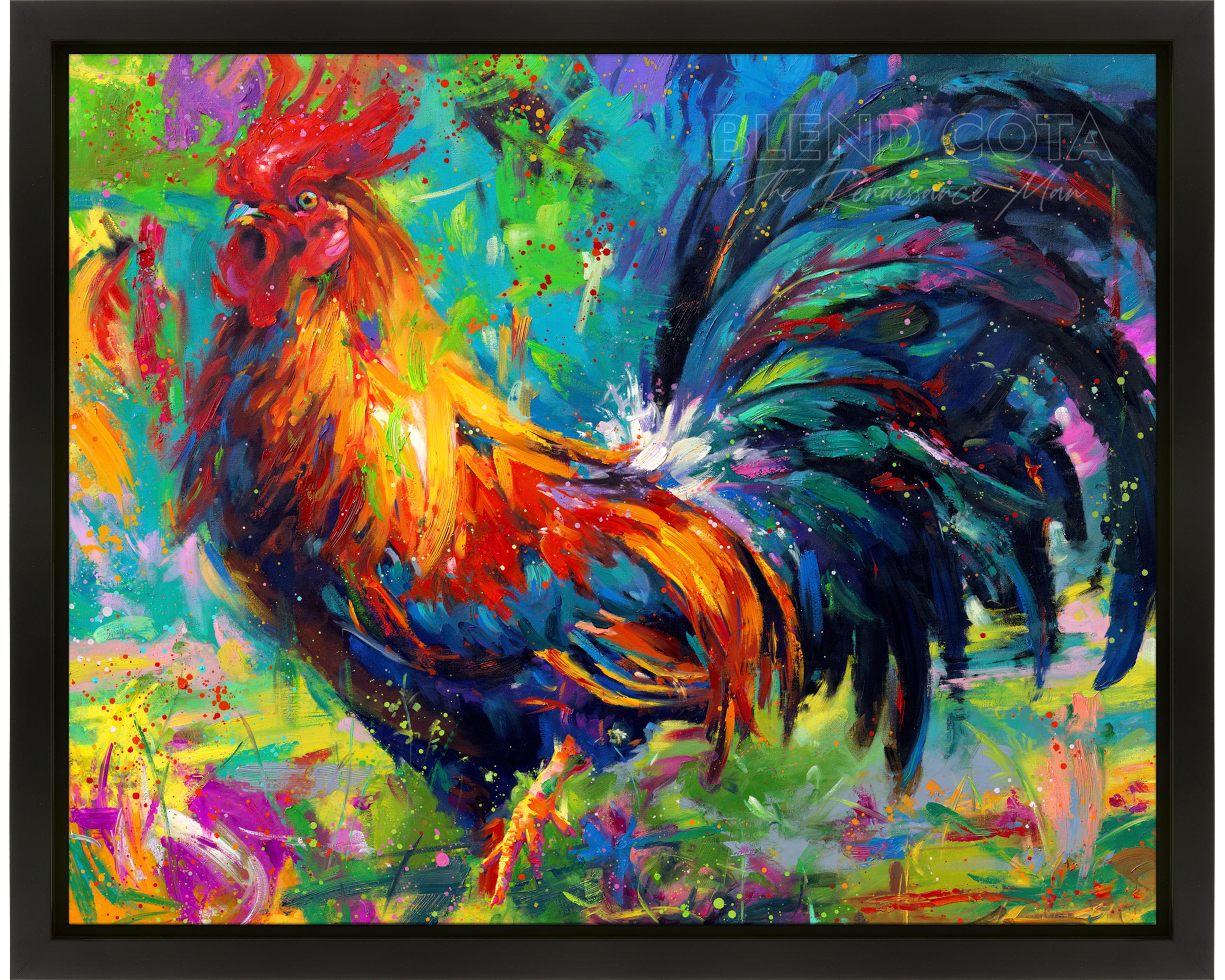 Oil on canvas original painting of red, yellow and blue rooster on a turquoise background, the French national symbol and farm to kitchen bird in colorful brushstrokes, color expressionism style in a black frame.