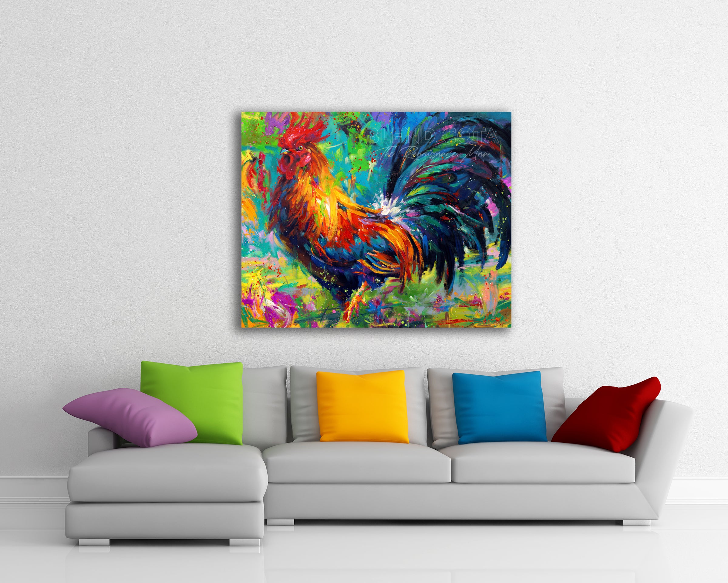 Oil on canvas original painting of red, yellow and blue rooster on a turquoise background, the French national symbol and farm to kitchen bird in colorful brushstrokes, color expressionism style in a room setting.