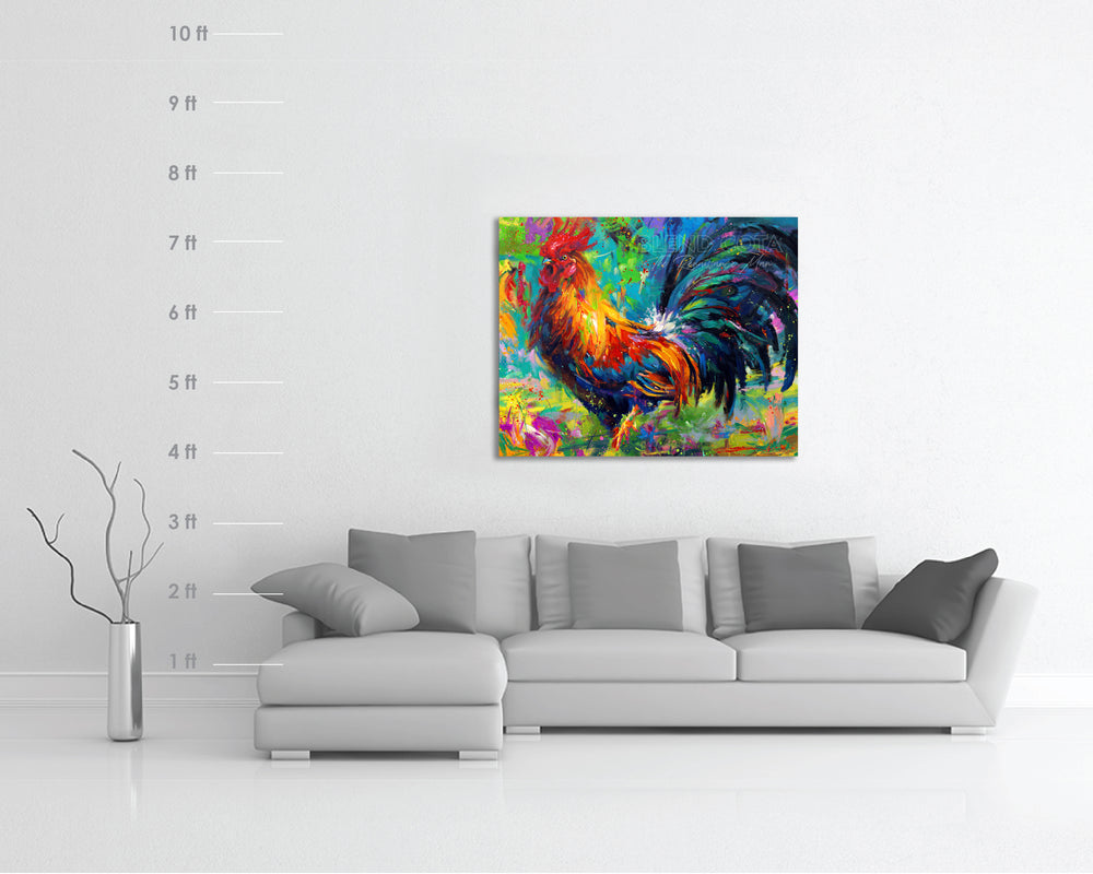 
                  
                    Scale and dimensions of oil on canvas original painting of red, yellow and blue rooster on a turquoise background, the French national symbol and farm to kitchen bird in colorful brushstrokes, color expressionism style.
                  
                