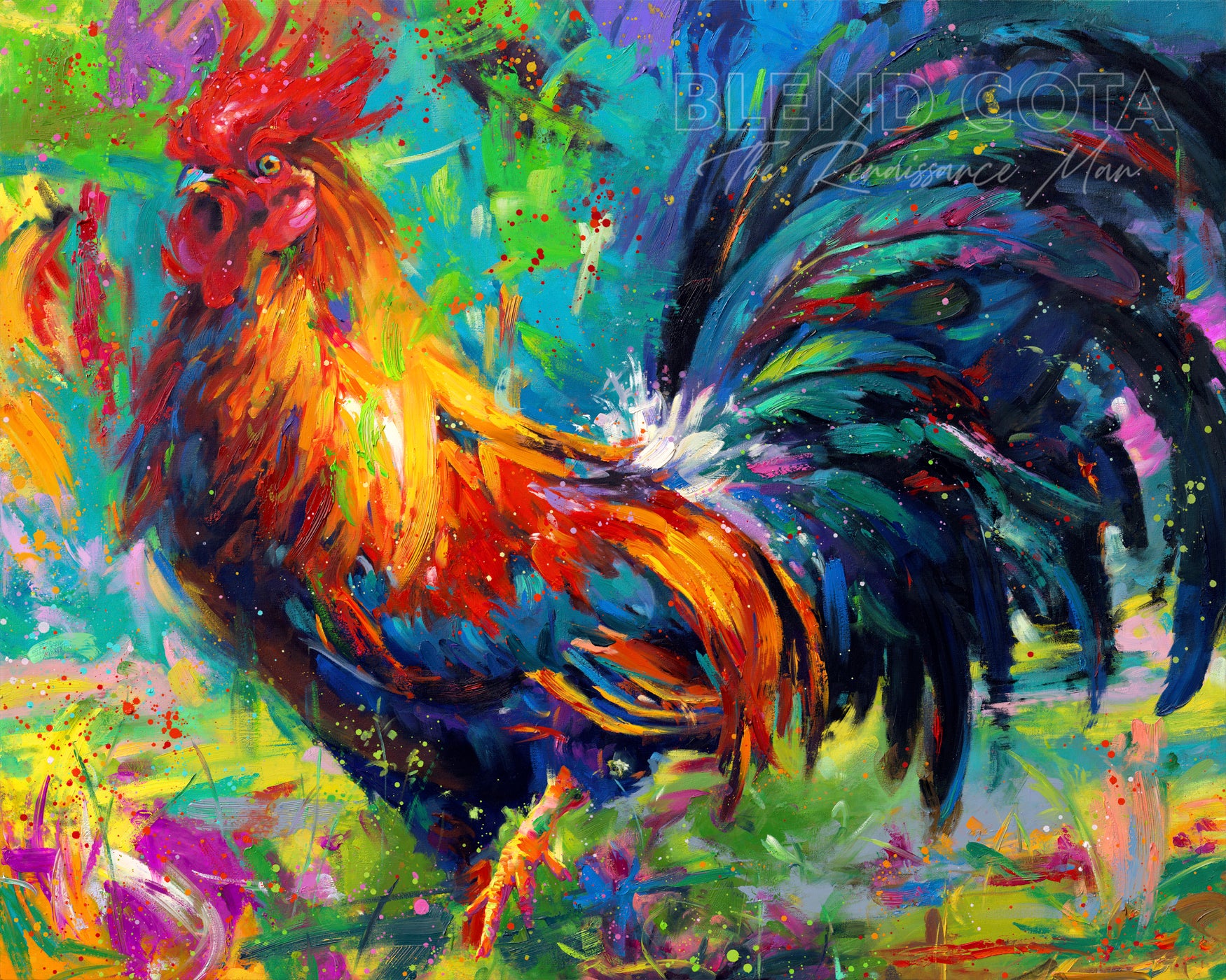 Art print of red, yellow and blue rooster on a turquoise background, the French national symbol and farm to kitchen bird in colorful brushstrokes, color expressionism style.