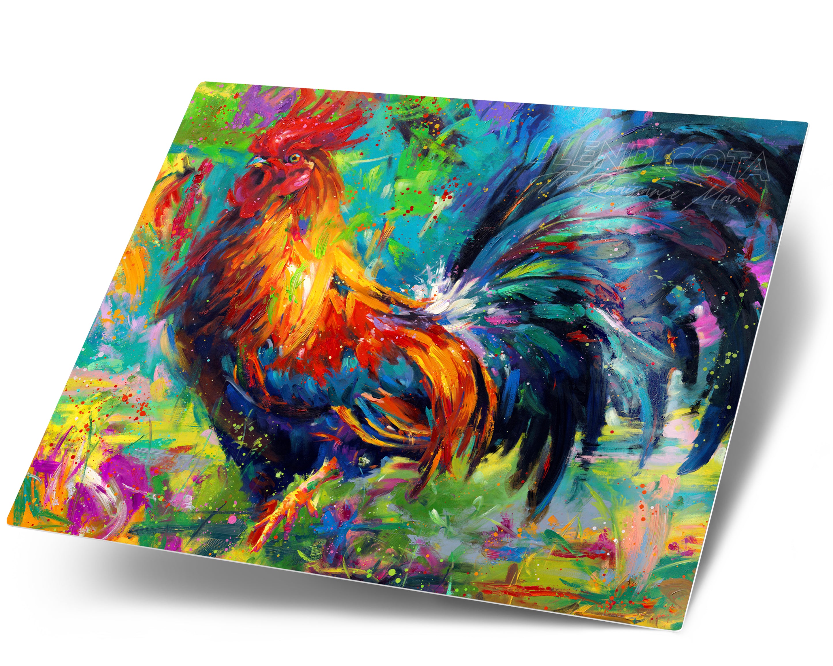 Art print on metal of red, yellow and blue rooster on a turquoise background, the French national symbol and farm to kitchen bird in colorful brushstrokes, color expressionism style.