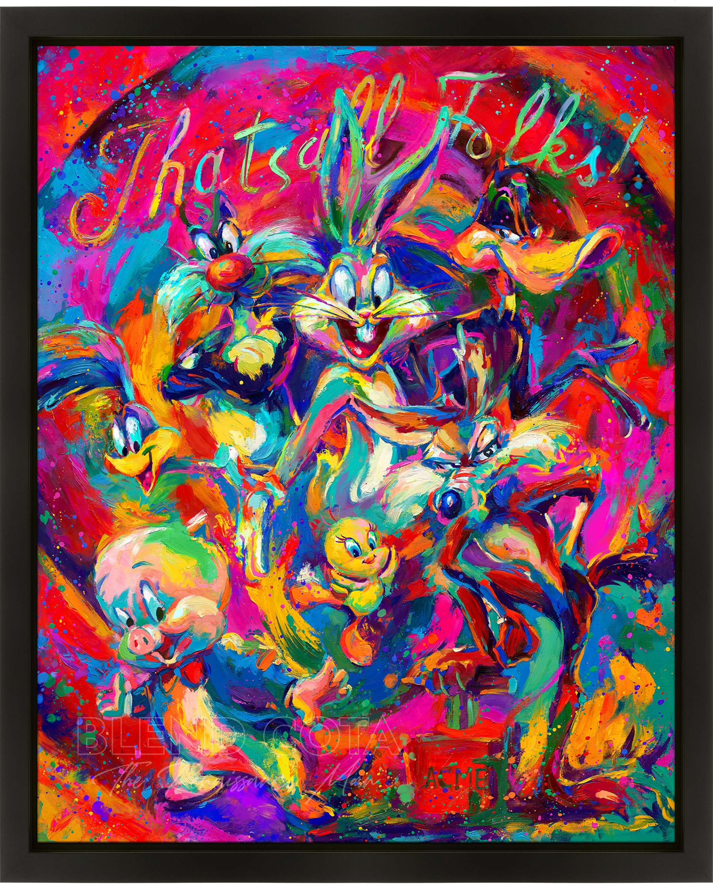 Oil on canvas original painting of the Warner Brother's cast of Looney Tunes characters, from Bugs Bunny, Wile E. Coyote, Daffy Duck and Tweety to Road Runner, Porky Pig and Sylvester, they are all together swirling in color while That's All Folks reads behind them, in colorful brushstrokes, color expressionism style.
