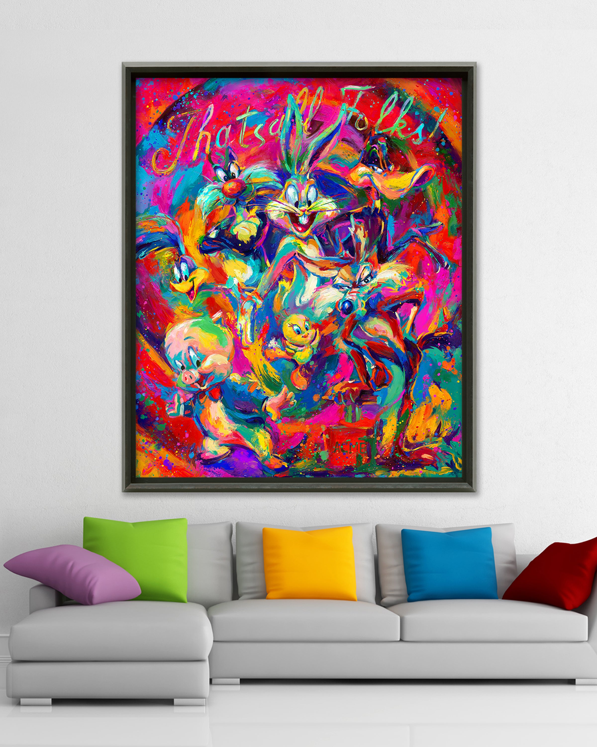 Oil on canvas original painting of the Warner Brother's cast of Looney Tunes characters, from Bugs Bunny, Wile E. Coyote, Daffy Duck and Tweety to Road Runner, Porky Pig and Sylvester, they are all together swirling in color while That's All Folks reads behind them, in colorful brushstrokes, color expressionism style in a room setting.