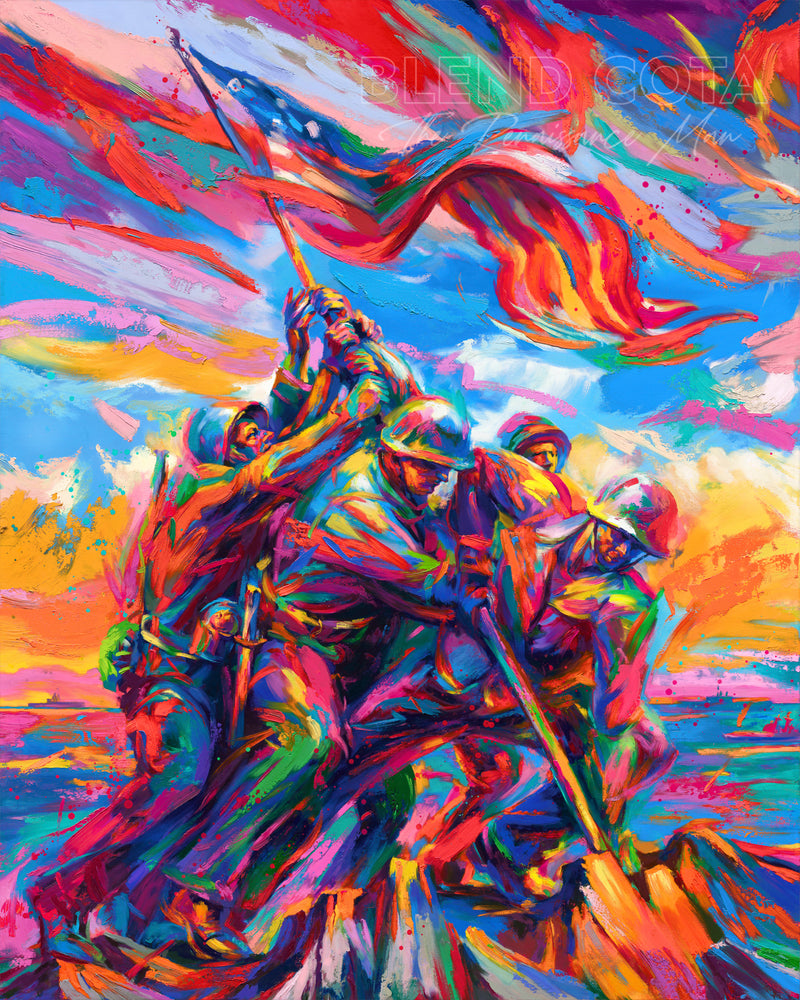 Art print of the Marine Corps War Memorial, with five marine soldiers and American Flag on Mount Suribachi, Iwo Jima in colorful brushstrokes, color expressionism style.