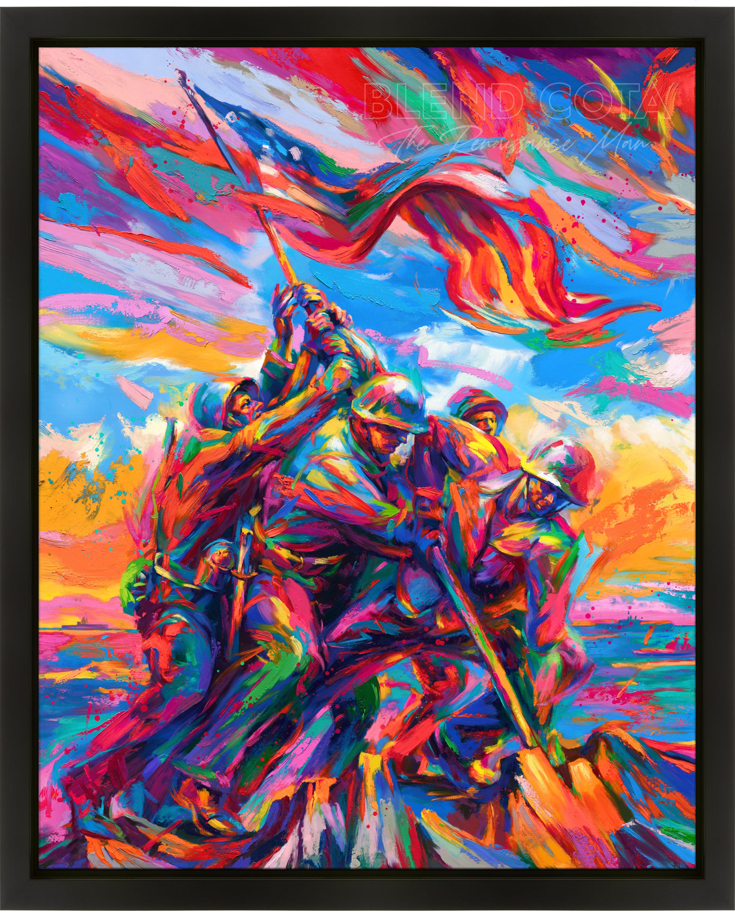 Framed in glossy black an Oil on canvas original painting of the Marine Corps War Memorial, with five marine soldiers and American Flag on Mount Suribachi, Iwo Jima in colorful brushstrokes, color expressionism style.