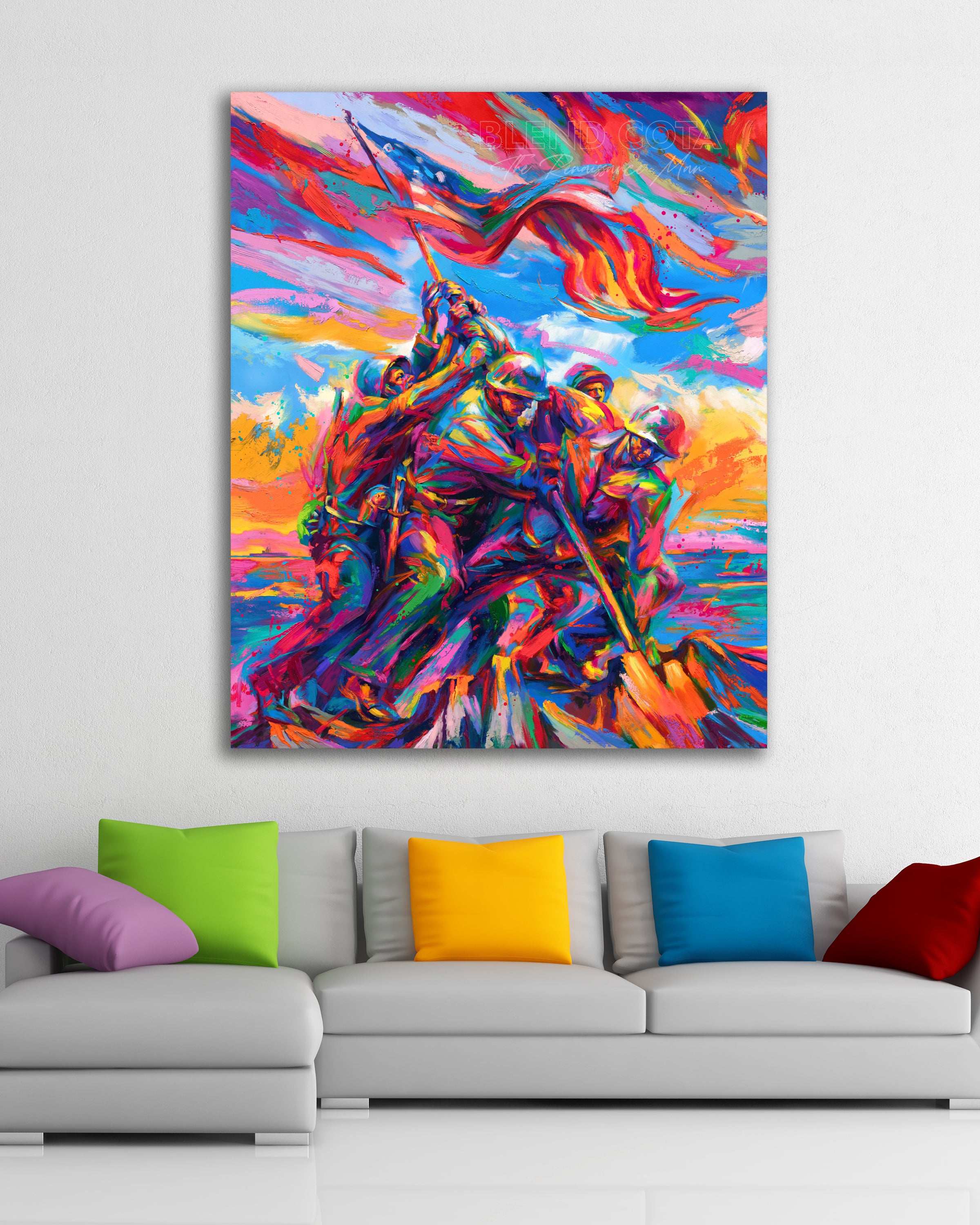 A room setting of the Oil on canvas original painting of the Marine Corps War Memorial, with five marine soldiers and American Flag on Mount Suribachi, Iwo Jima in colorful brushstrokes, color expressionism style.