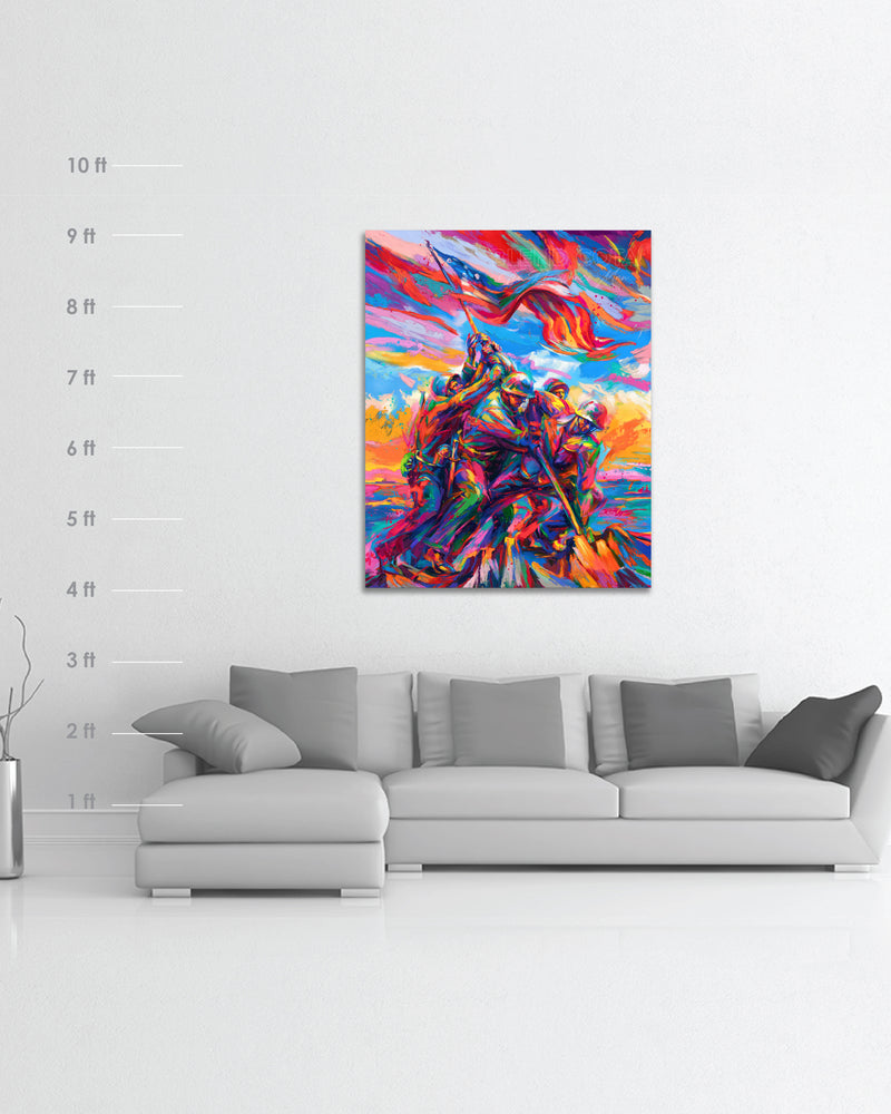 
                  
                    Scale dimensions for the Oil on canvas original painting of the Marine Corps War Memorial, with five marine soldiers and American Flag on Mount Suribachi, Iwo Jima in colorful brushstrokes, color expressionism style.
                  
                