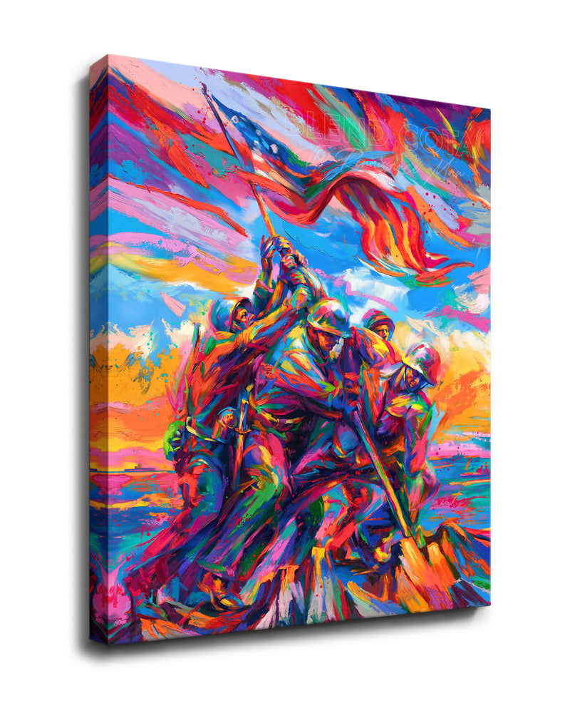 canvas art print of the Marine Corps War Memorial, with five marine soldiers and American Flag on Mount Suribachi, Iwo Jima in colorful brushstrokes, color expressionism style.