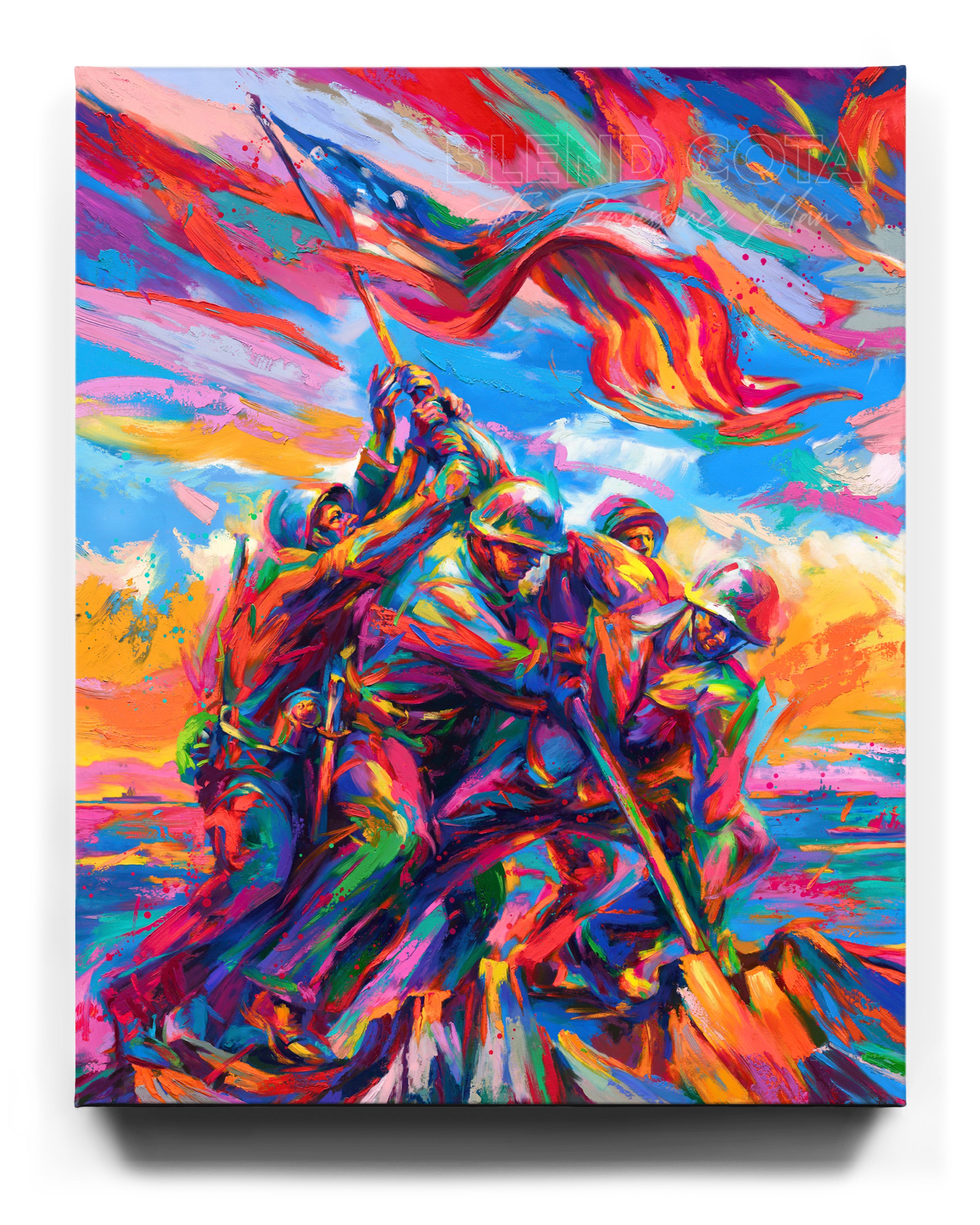 Limited edition painting of the Marine Corps War Memorial, with five marine soldiers and American Flag on Mount Suribachi, Iwo Jima in colorful brushstrokes, color expressionism style.