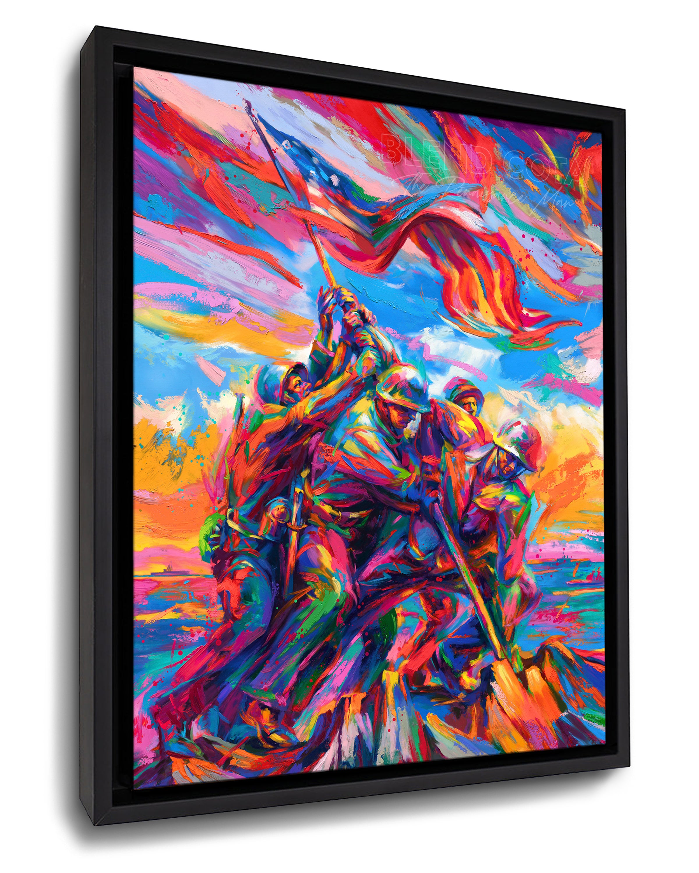 Art print framed on canvas of the Marine Corps War Memorial, with five marine soldiers and American Flag on Mount Suribachi, Iwo Jima in colorful brushstrokes, color expressionism style.