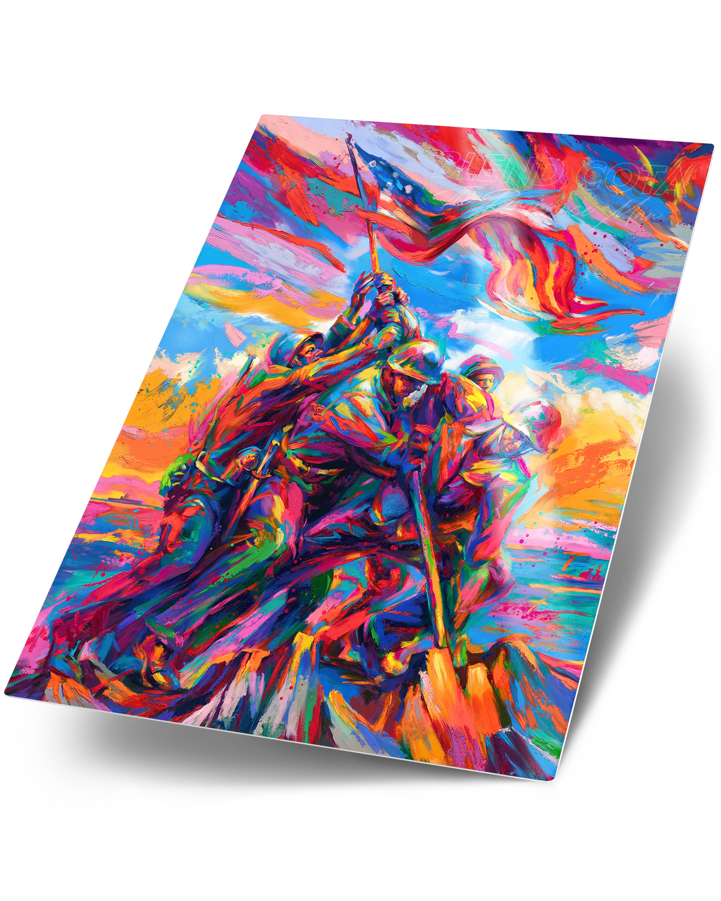 Metal art print of the Marine Corps War Memorial, with five marine soldiers and American Flag on Mount Suribachi, Iwo Jima in colorful brushstrokes, color expressionism style.