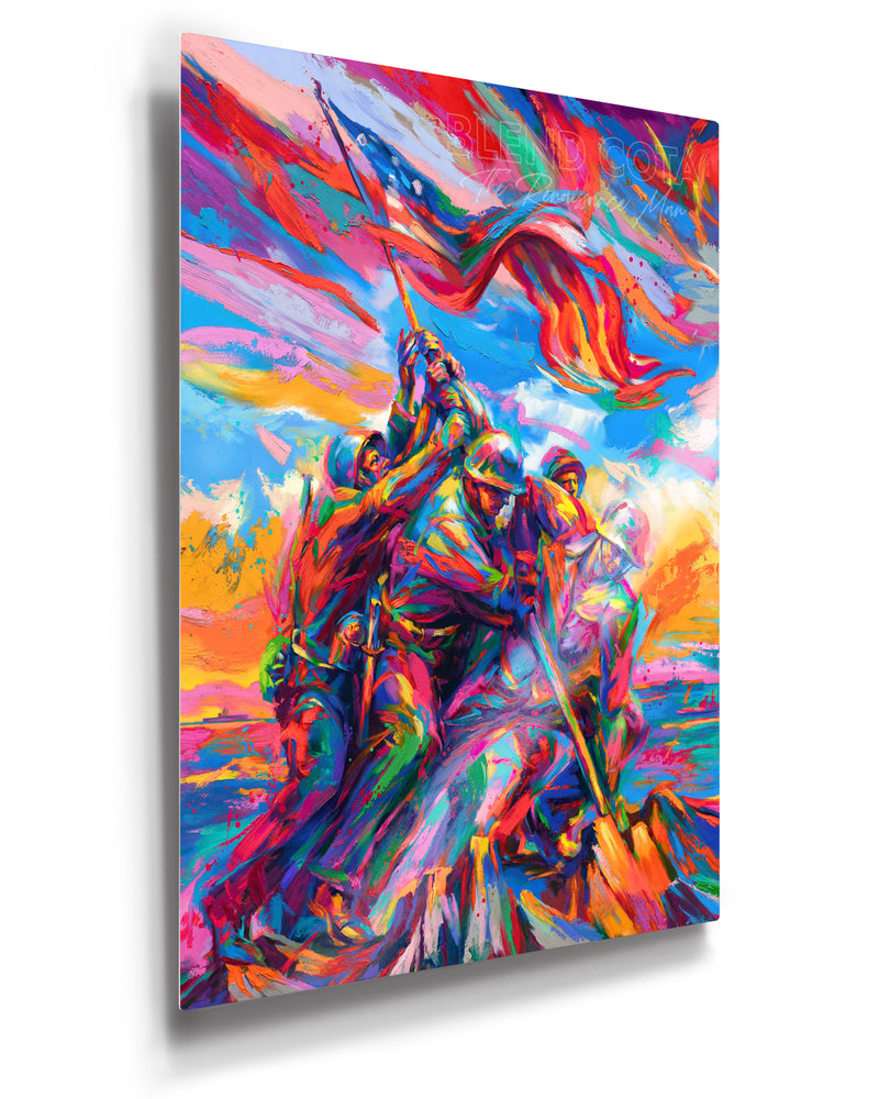 Limited edition print on metal of the Marine Corps War Memorial, with five marine soldiers and American Flag on Mount Suribachi, Iwo Jima in colorful brushstrokes, color expressionism style.