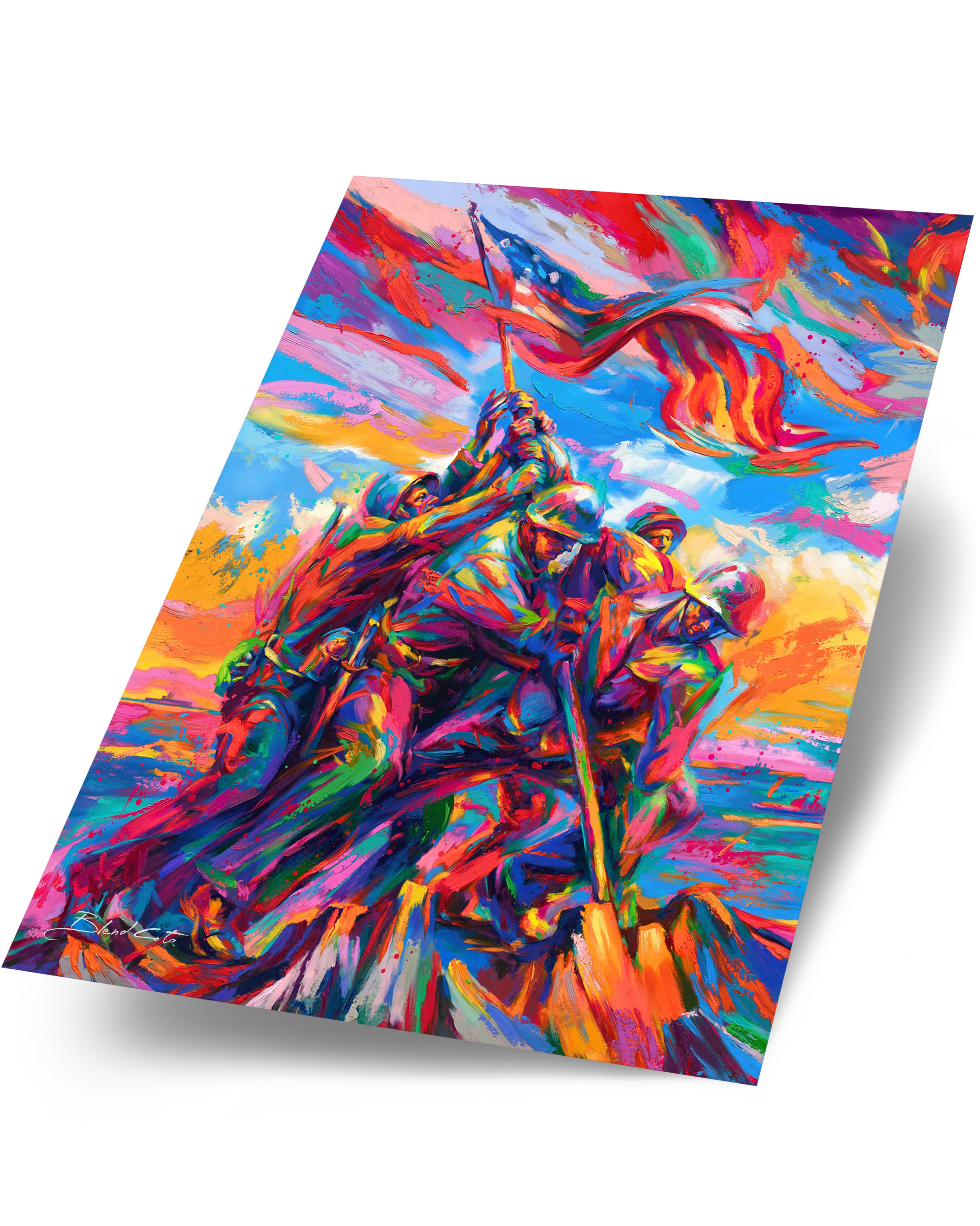 Art print on paper cardstock of the Marine Corps War Memorial, with five marine soldiers and American Flag on Mount Suribachi, Iwo Jima in colorful brushstrokes, color expressionism style.