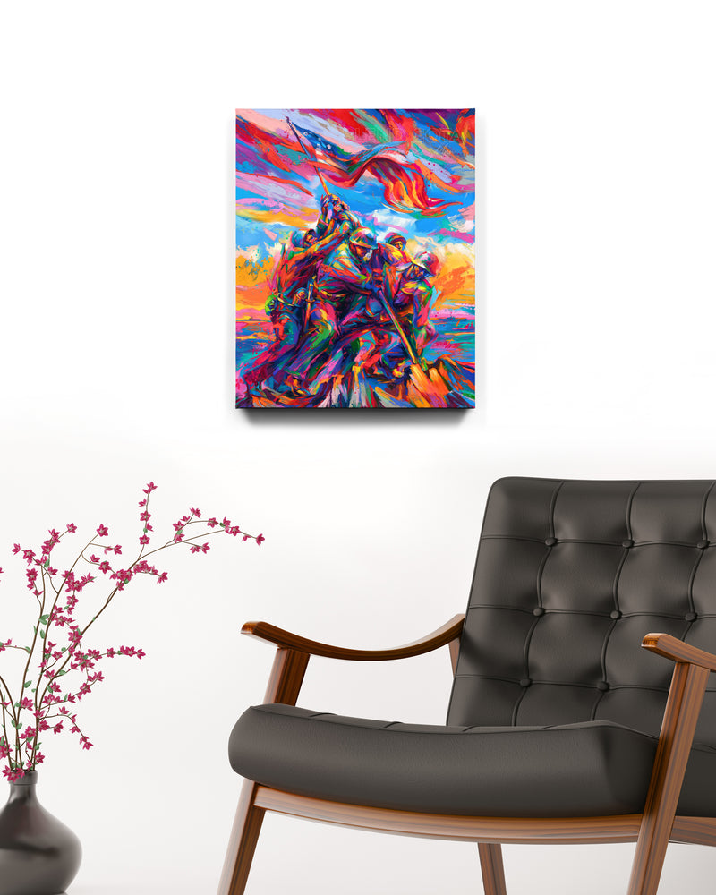 Art print in a room setting of the Marine Corps War Memorial, with five marine soldiers and American Flag on Mount Suribachi, Iwo Jima in colorful brushstrokes, color expressionism style.